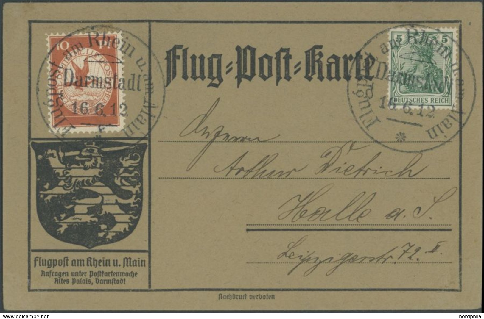 1912, 10 Pf. Flp. Am Rhein Und Main Auf Flugpostkarte Mit 5 Pf. Zusatzfrankatur, Sonderstempel Darmstadt 16.6.12, Selten - Airmail & Zeppelin