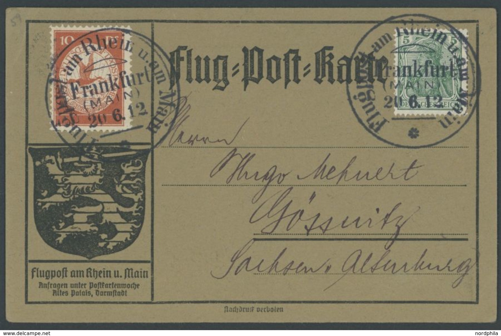 1912, 10 Pf. Flp. Am Rhein Und Main Auf Flugpostkarte Mit 5 Pf. Zusatzfrankatur, Sonderstempel Frankfurt 20.6.12, Selten - Luft- Und Zeppelinpost
