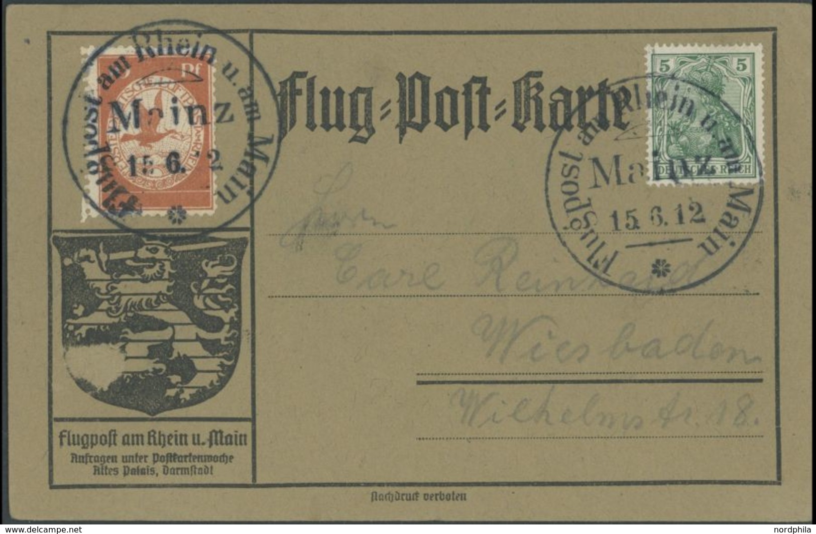 1912, 10 Pf. Flp. Am Rhein Und Main Auf Flugpostkarte Mit 5 Pf. Zusatzfrankatur, Trotz Stempelverbots Mit 2 Sonderstempe - Airmail & Zeppelin