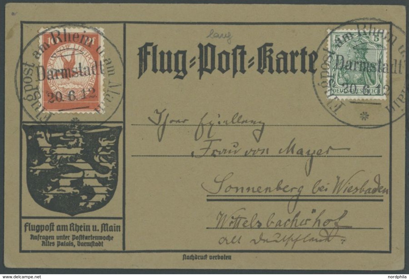 1912, 10 Pf. Flp. Am Rhein Und Main Auf Flugpostkarte Mit 5 Pf. Zusatzfrankatur, Sonderstempel Darmstadt 20.6.12, Pracht - Poste Aérienne & Zeppelin