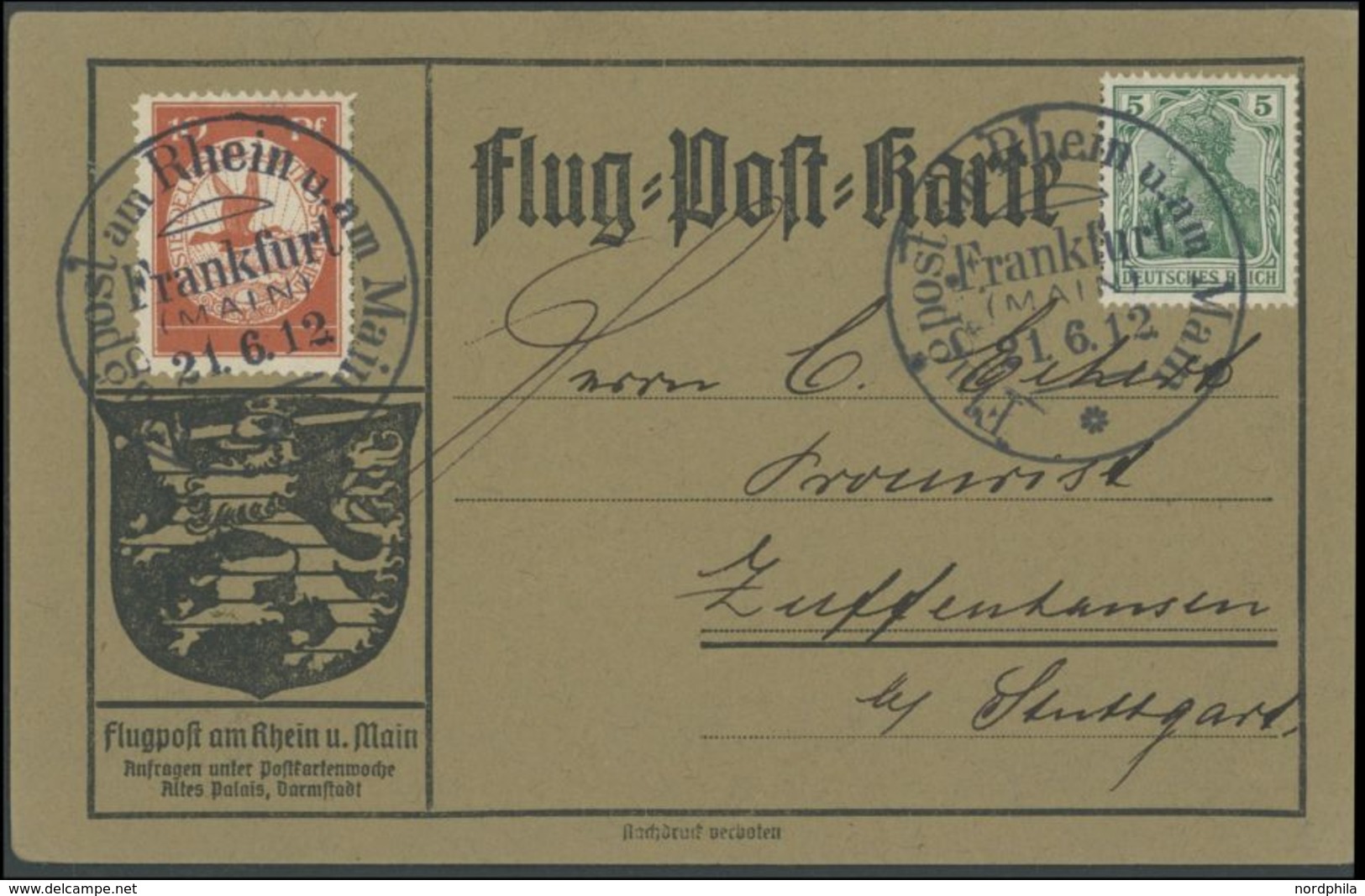 1912, 10 Pf. Flp. Am Rhein Und Main Auf Flugpostkarte Mit 5 Pf. Zusatzfrankatur, Sonderstempel Frankfurt 21.6.12, Pracht - Luft- Und Zeppelinpost
