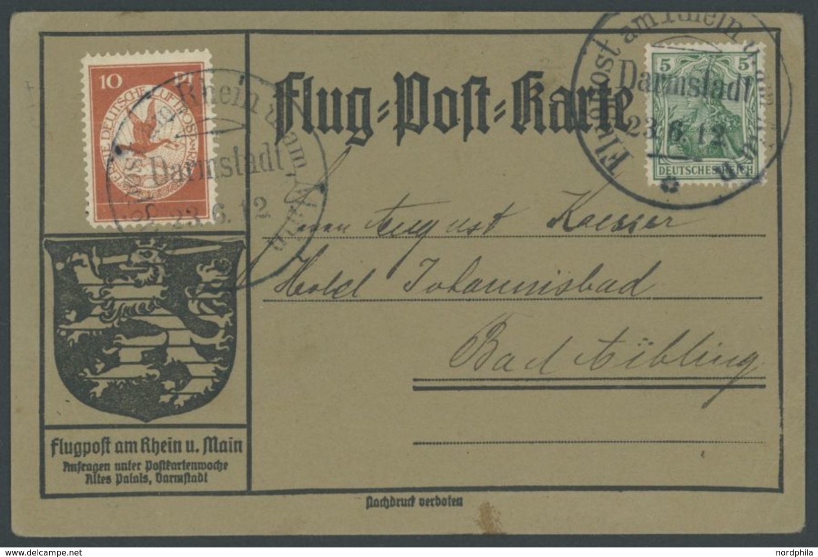 1912, 10 Pf. Flp. Am Rhein Und Main Auf Flugpostkarte Mit 5 Pf. Zusatzfrankatur, Sonderstempel Darmstadt 23.6.12, Feinst - Luft- Und Zeppelinpost
