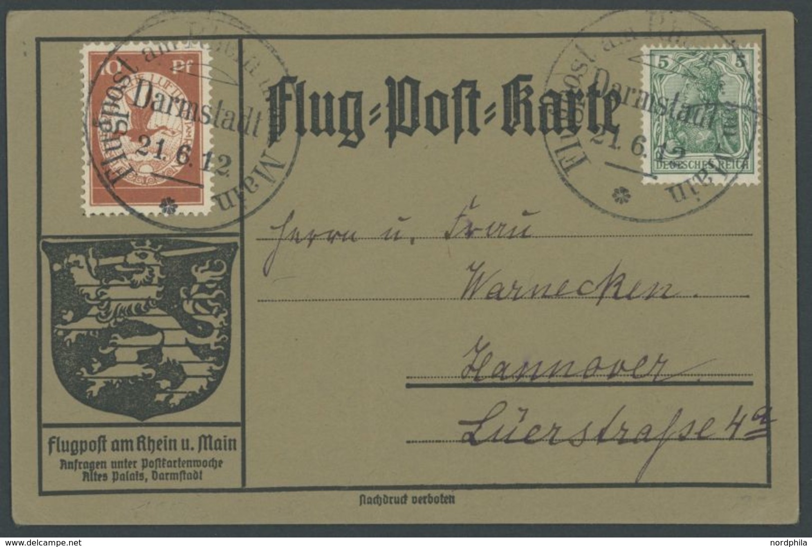1912, 10 Pf. Flp. Am Rhein Und Main Auf Flugpostkarte Mit 5 Pf. Zusatzfrankatur, Sonderstempel Darmstadt 21.6.12, Pracht - Luft- Und Zeppelinpost