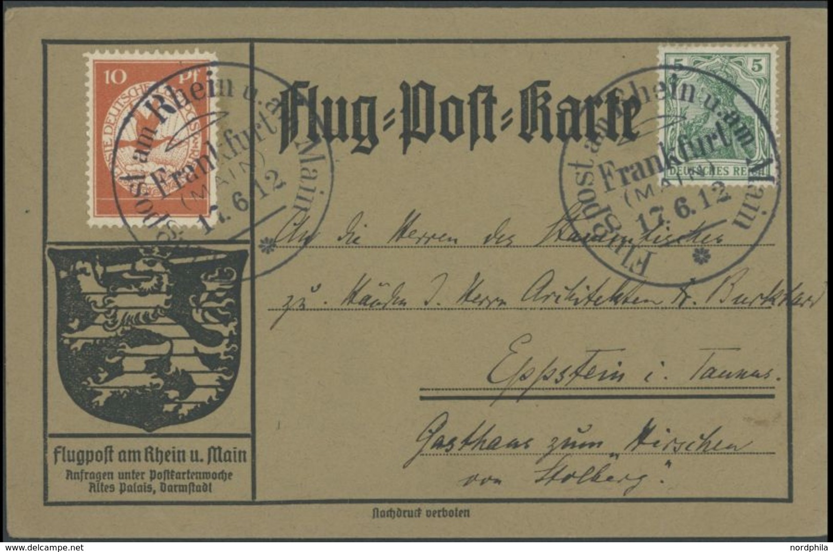 1912, 10 Pf. Flp. Am Rhein Und Main Auf Flugpostkarte Mit 5 Pf. Zusatzfrankatur, Sonderstempel Frankfurt 17.6.12, Pracht - Airmail & Zeppelin