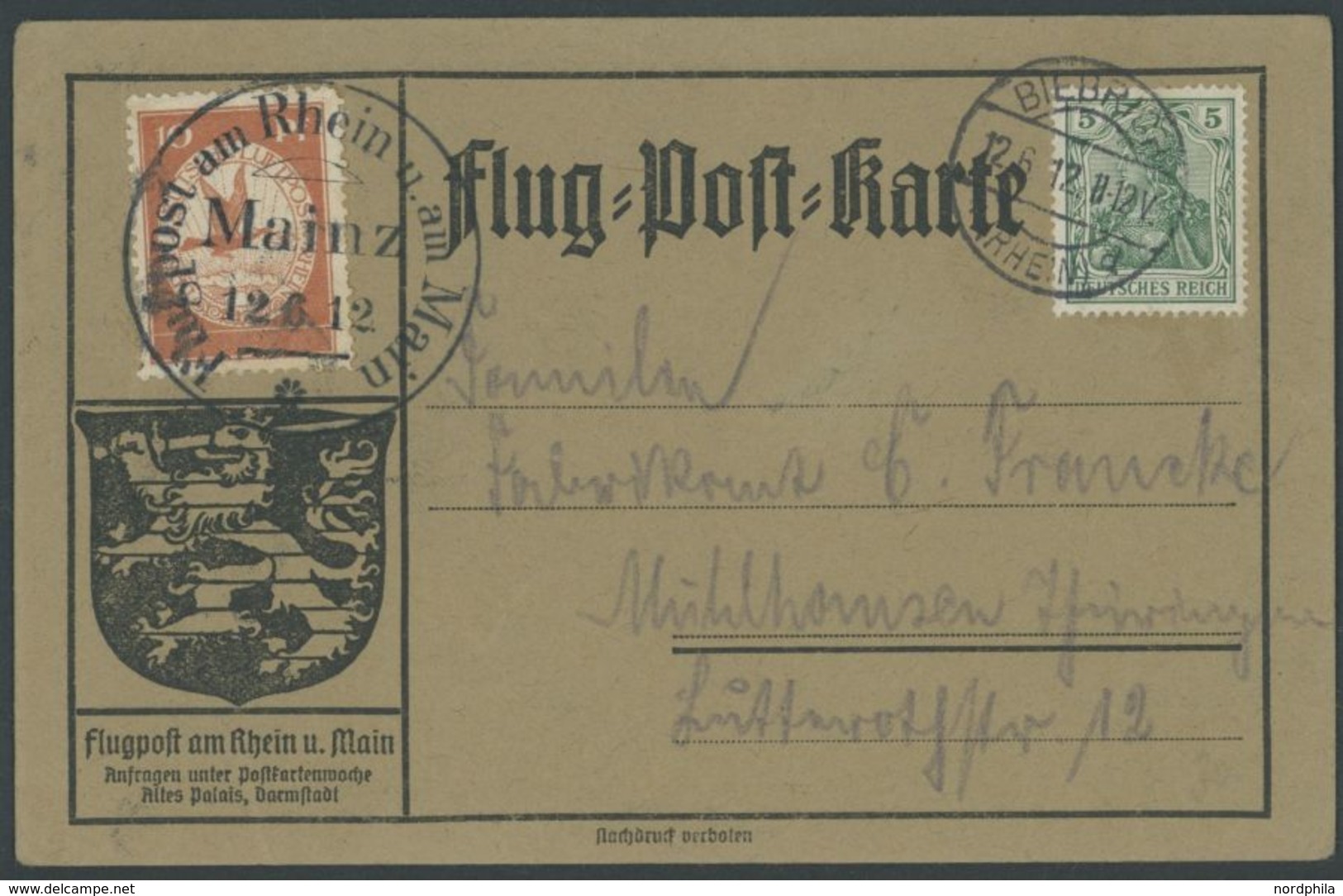 1912, 10 Pf. Flp. Am Rhein Und Main Auf Flugpostkarte Mit 5 Pf. Zusatzfrankatur, Sonderstempel Mainz 12.6.12 Und Tagesst - Airmail & Zeppelin