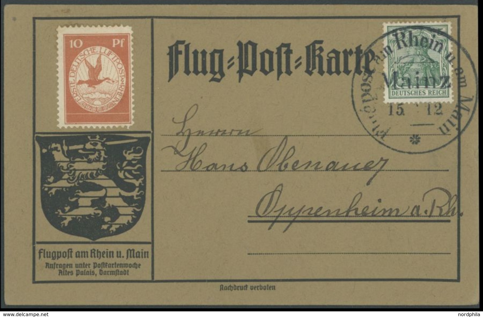 1912, 10 Pf. Flp. Am Rhein Und Main Auf Flugpostkarte Mit 5 Pf. Zusatzfrankatur, Sonderstempel Mainz 15.6.12 Nur Auf 5 P - Airmail & Zeppelin