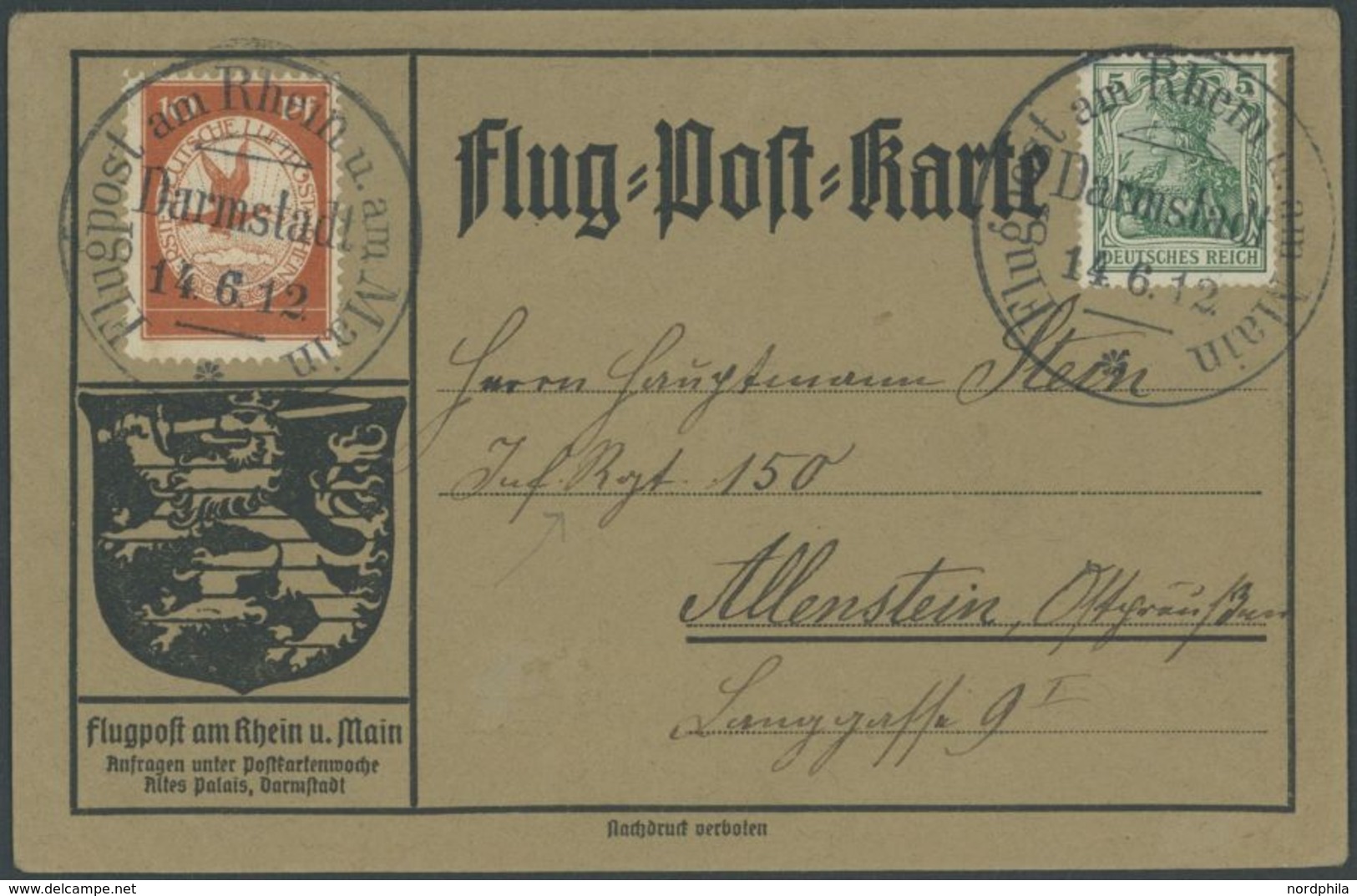 1912, 10 Pf. Flp. Am Rhein Und Main Mit Plattenfehler Farbfleck Im O Von Luftpost (Feld 24) Auf Flugpostkarte Mit 5 Pf.  - Poste Aérienne & Zeppelin