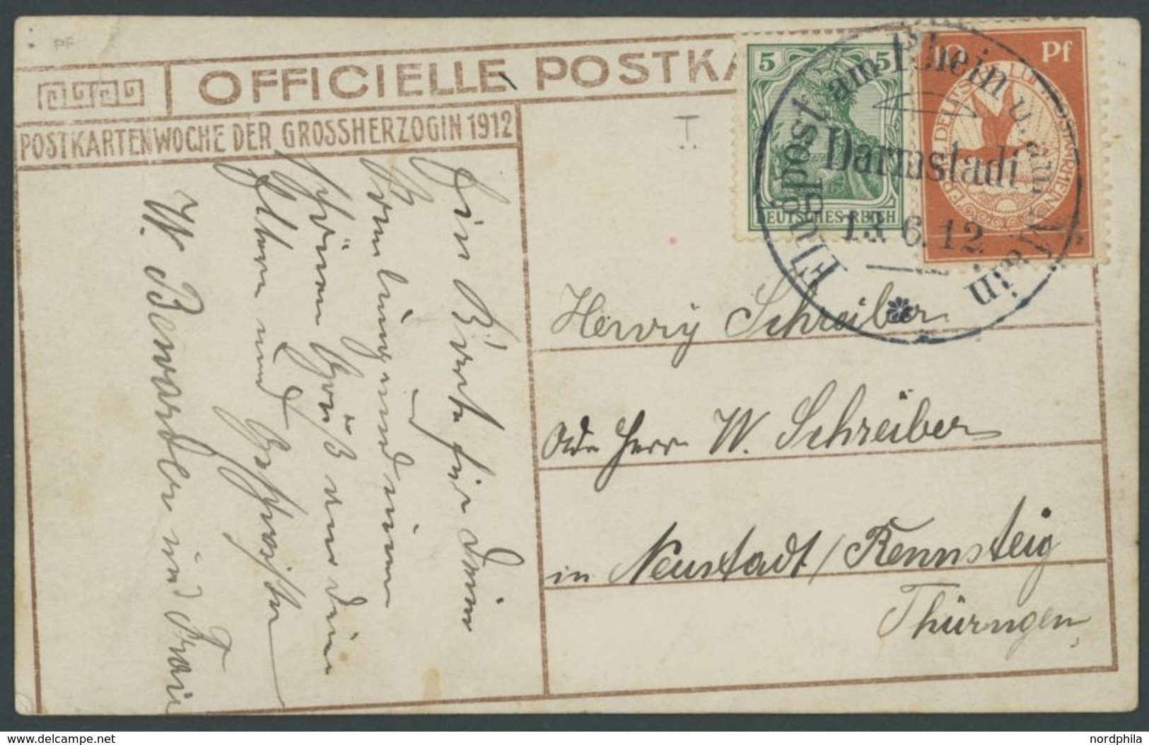 1912, 10 Pf. Flp. Am Rhein Und Main Mit Plattenfehler Fuß Des T In Deutsche Gespalten (Feld 14) Auf Flugpostkarte (Herzo - Luft- Und Zeppelinpost