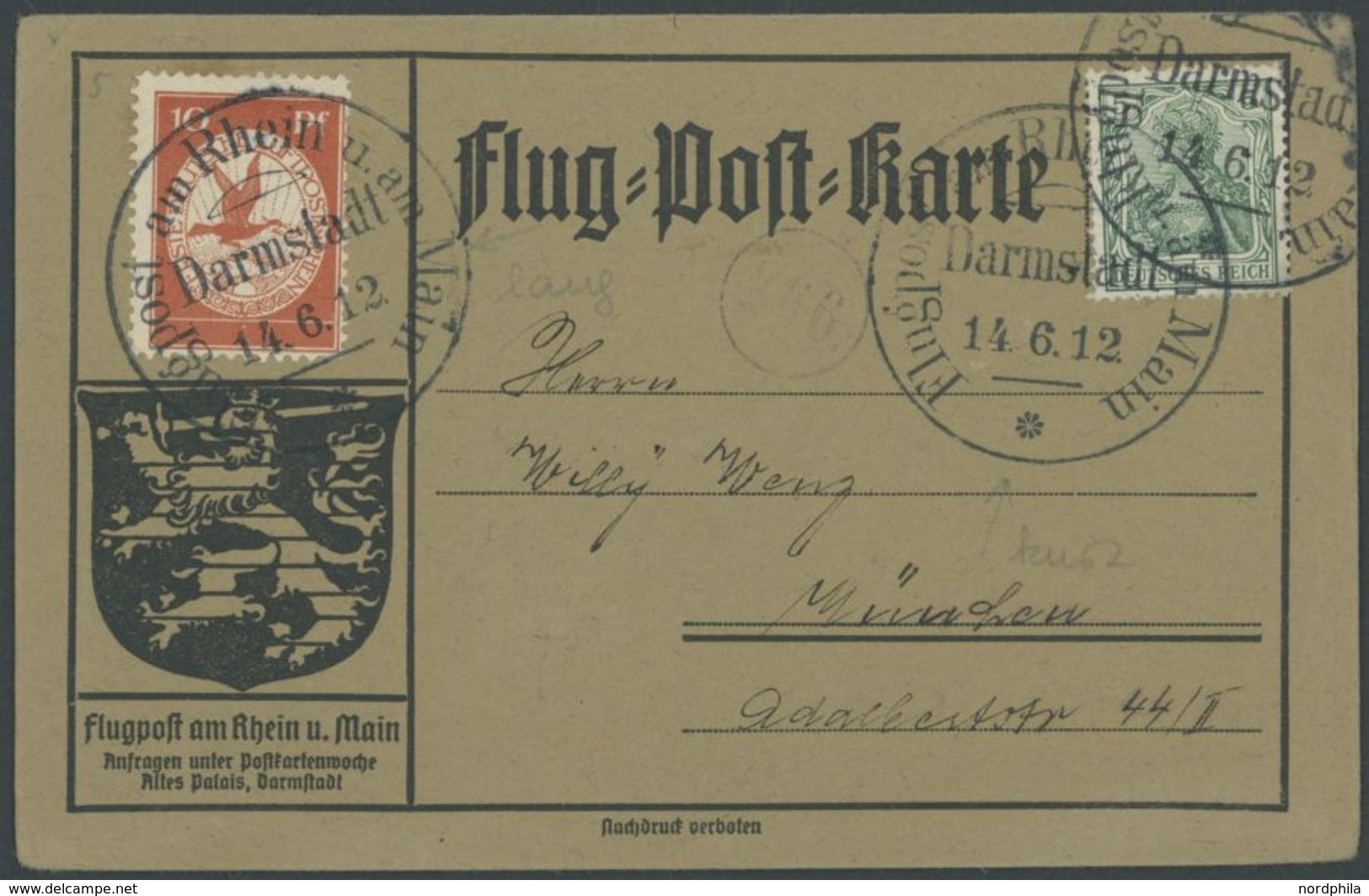 1912, 10 Pf. Flp. Am Rhein Und Main Auf Flugpostkarte Mit 5 Pf. Zusatzfrankatur, Sonderstempel Darmstadt 14.6.12, Je Mit - Luft- Und Zeppelinpost