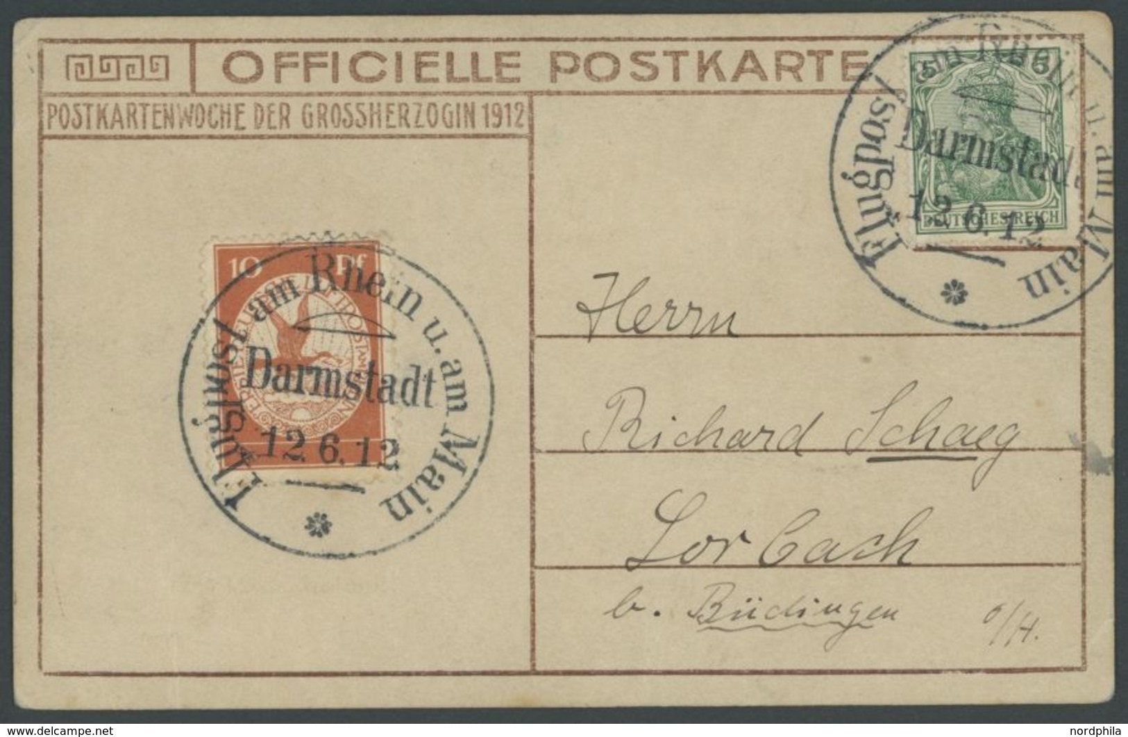 1912, 10 Pf. Flp. Am Rhein Und Main Auf Flugpostkarte (Herzogliche Kinder) Mit 5 Pf. Zusatzfrankatur, Sonderstempel Darm - Luft- Und Zeppelinpost