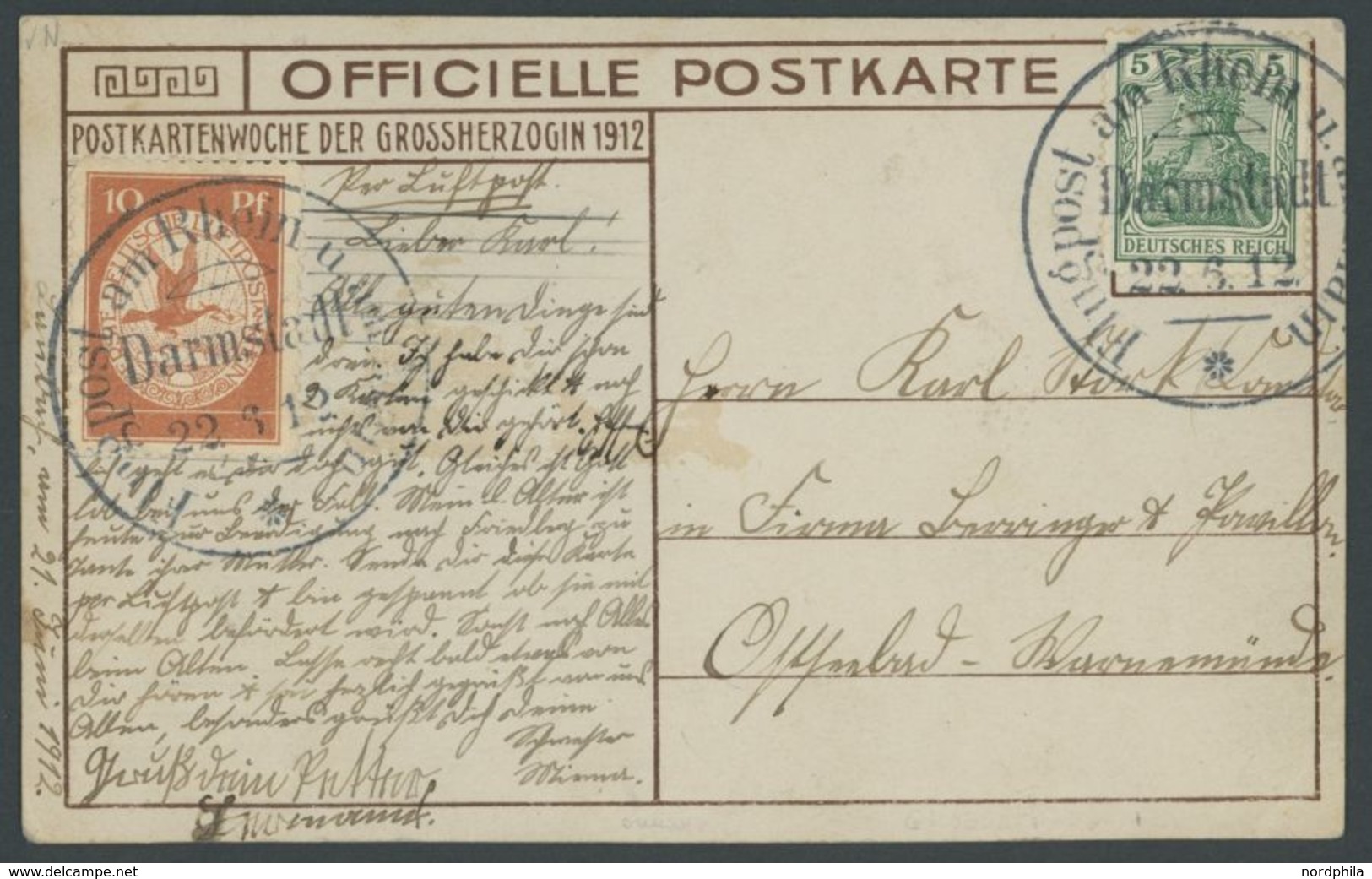 1912, 10 Pf. Flp. Am Rhein Und Main Auf Flugpostkarte (Großherzog) Mit 5 Pf. Zusatzfrankatur, Sonderstempel Darmstadt 22 - Luft- Und Zeppelinpost