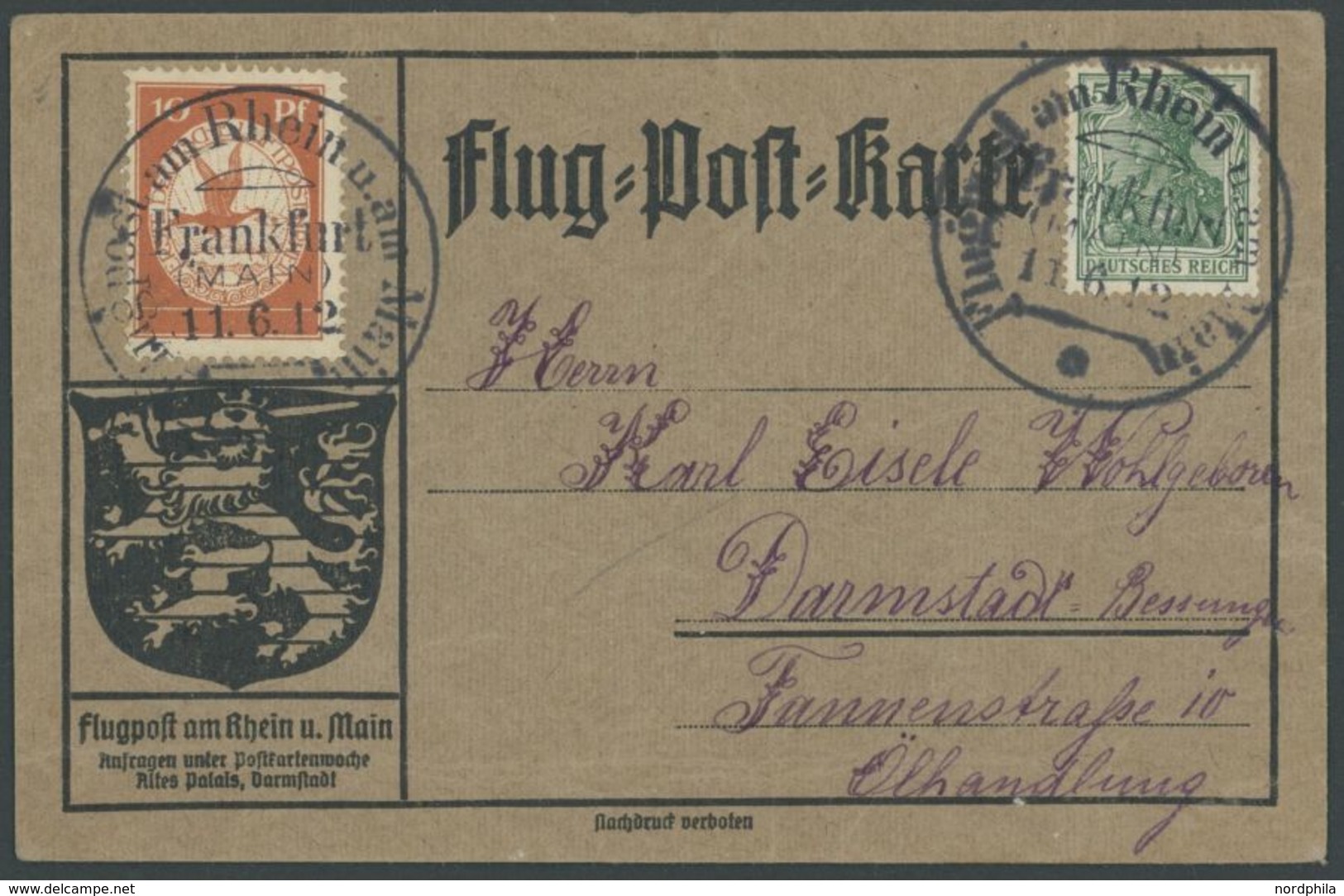 1912, 10 Pf. Flp. Am Rhein Und Main Auf Flugpostkarte (geripptes Papier) Mit 5 Pf. Zusatzfrankatur, Sonderstempel Frankf - Luft- Und Zeppelinpost