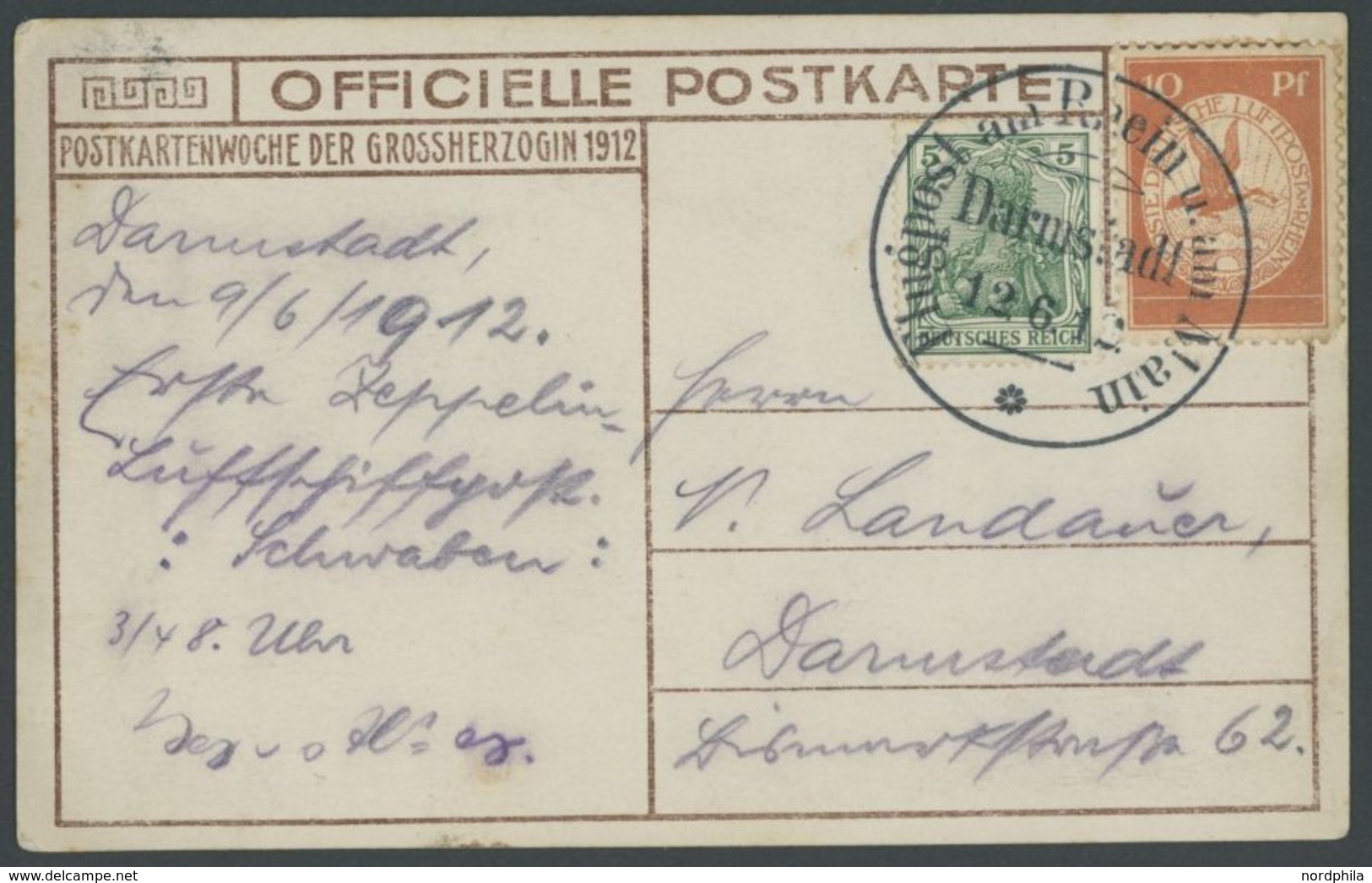 1912, 10 Pf. Flp. Am Rhein Und Main Auf Flugpostkarte (Großherzog) Mit 5 Pf. Zusatzfrankatur, Sonderstempel Darmstadt 12 - Luchtpost & Zeppelin