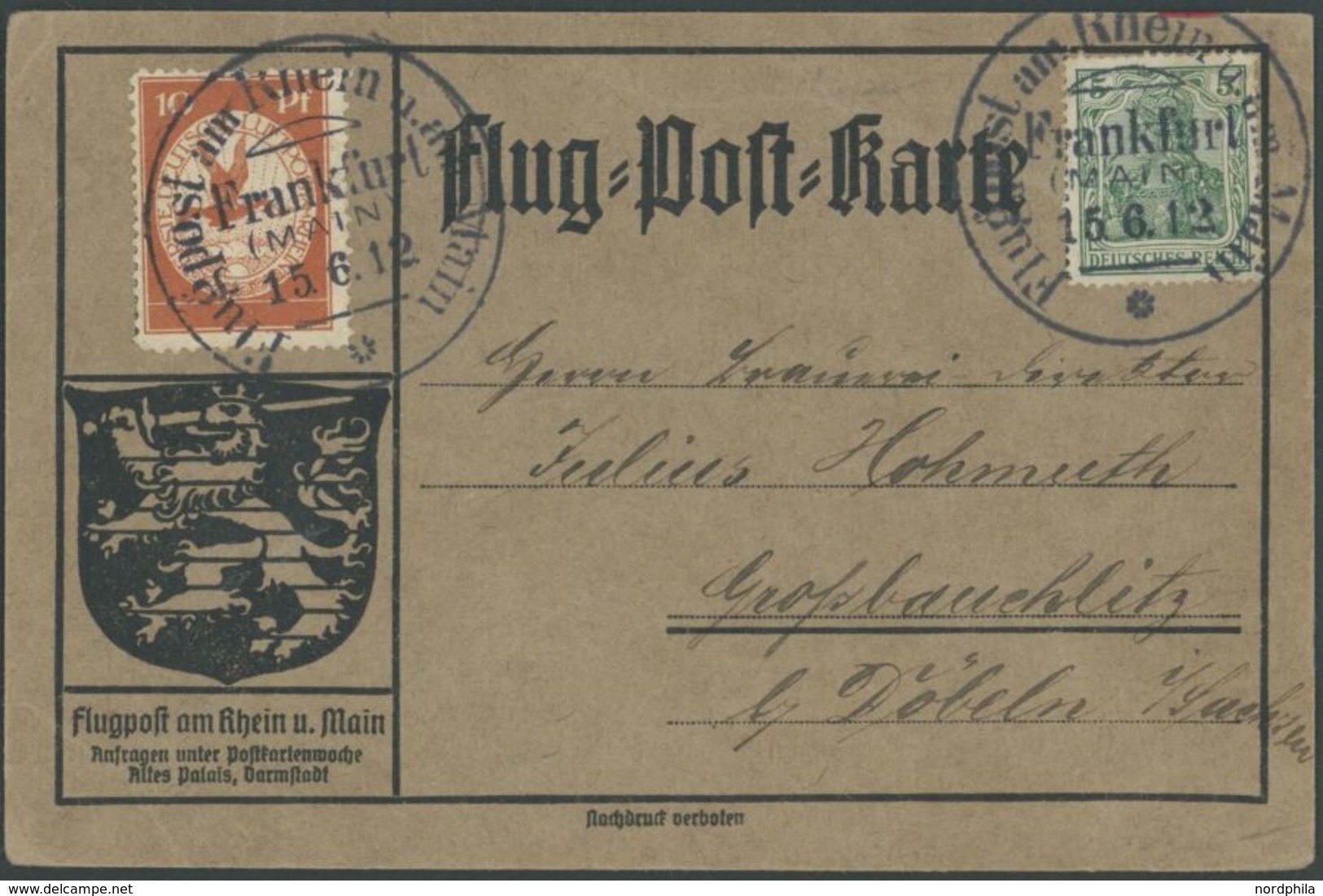 1912, 10 Pf. Flp. Am Rhein Und Main Auf Flugpostkarte Mit 5 Pf. Zusatzfrankatur, Sonderstempel Frankfurt 15.6.12, Pracht - Airmail & Zeppelin