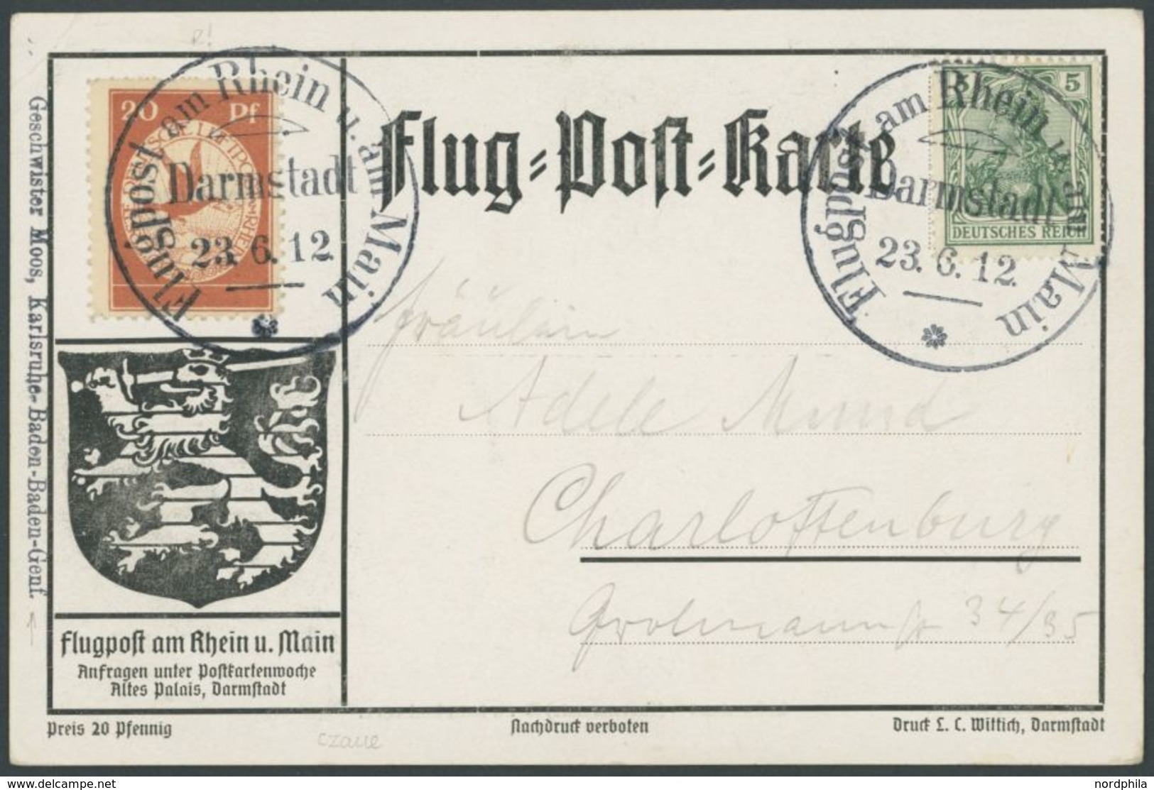 1912, 20 Pf. Flp. Am Rhein Und Main Auf Flugpostkarte Mit 5 Pf. Zusatzfrankatur, Sonderstempel Darmstadt 23.6.12 (Letzta - Luft- Und Zeppelinpost