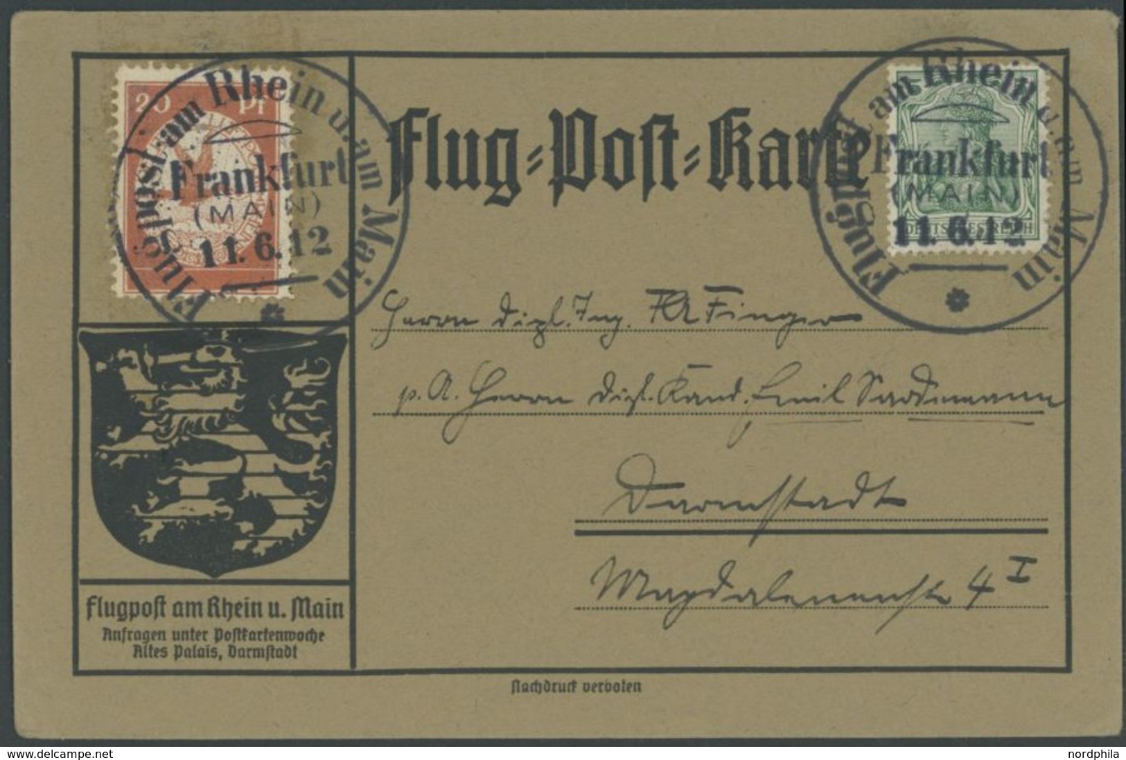 1912, 20 Pf. Flp. Am Rhein Und Main Auf Flugpostkarte Mit 5 Pf. Zusatzfrankatur, Sonderstempel Frankfurt 11.6.12, Feinst - Airmail & Zeppelin