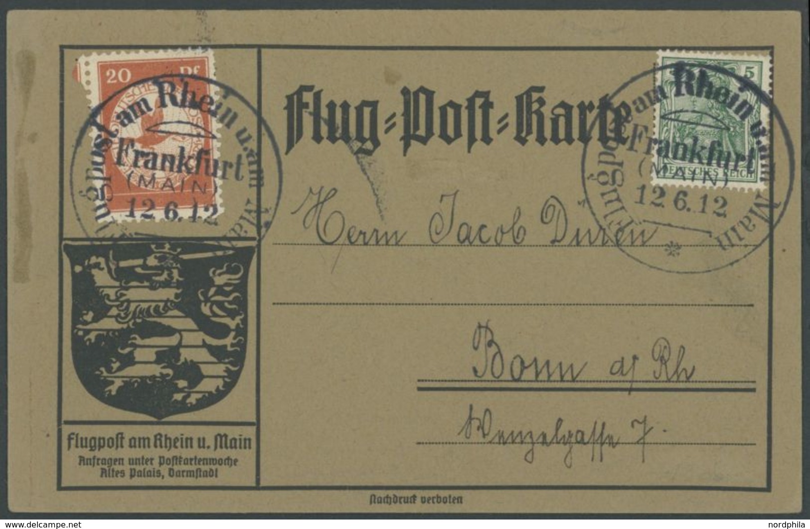 1912, 20 Pf. Flp. Am Rhein Und Main Auf Flugpostkarte Mit 5 Pf. Zusatzfrankatur, Sonderstempel Frankfurt 12.6.12, Pracht - Luft- Und Zeppelinpost