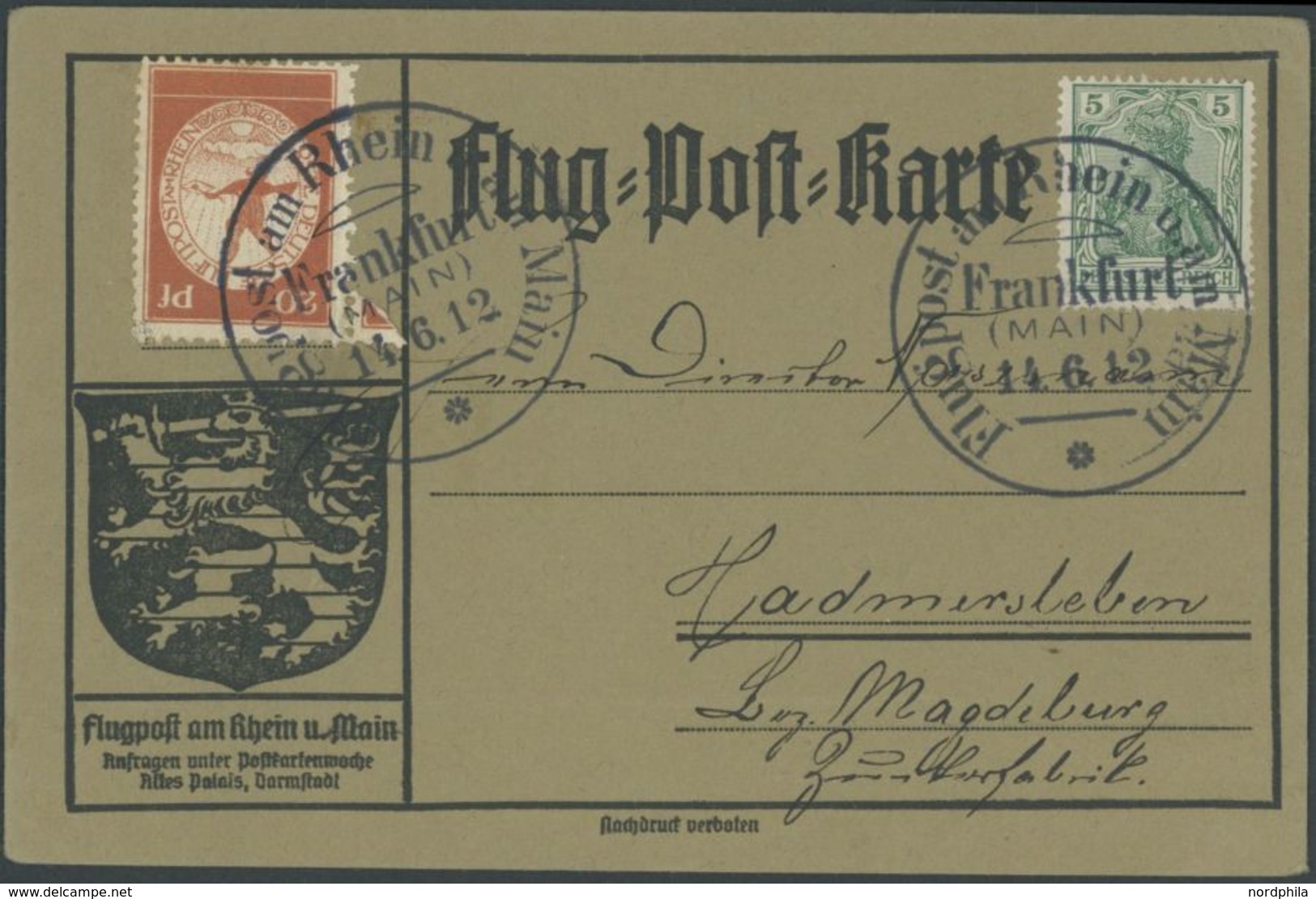 1912, 20 Pf. Flp. Am Rhein Und Main Auf Flugpostkarte Mit 5 Pf. Zusatzfrankatur, Sonderstempel Frankfurt 14.6.12, Pracht - Airmail & Zeppelin