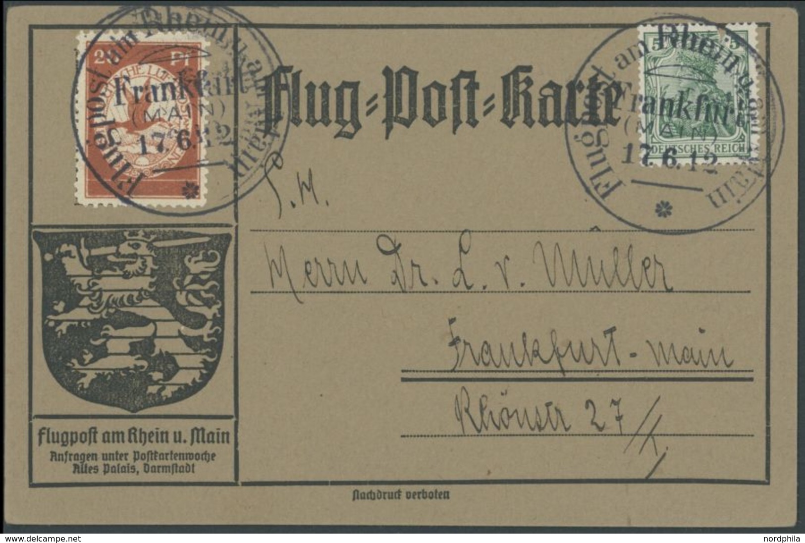 1912, 20 Pf. Flp. Am Rhein Und Main Auf Flugpostkarte Mit 5 Pf. Zusatzfrankatur, Sonderstempel Frankfurt 17.6.12, 5 Pf.  - Luft- Und Zeppelinpost