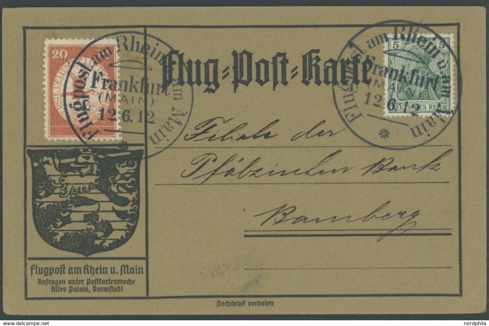 1912, 20 Pf. Flp. Am Rhein Und Main Auf Flugpostkarte Mit 5 Pf. Zusatzfrankatur, Sonderstempel Frankfurt 12.6.12, Kleine - Correo Aéreo & Zeppelin