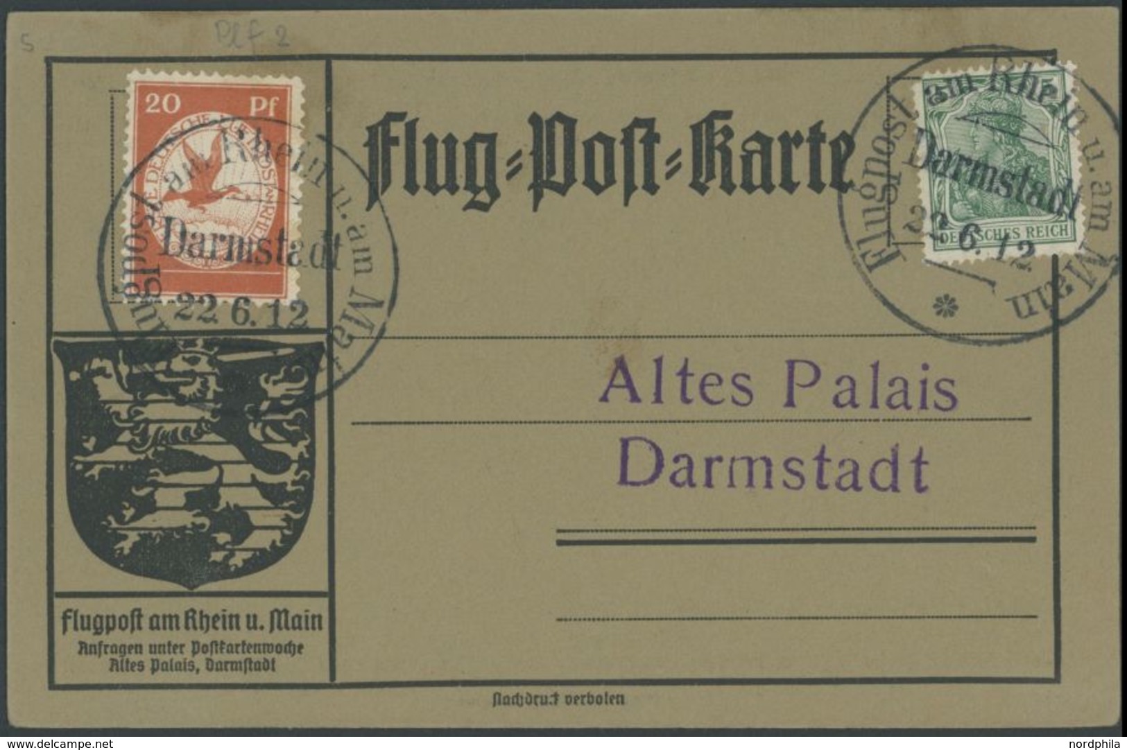 1912, 20 Pf. Flp. Am Rhein Und Main Auf Flugpostkarte Mit 5 Pf. Zusatzfrankatur, Sonderstempel Darmstadt 22.6.12, Pracht - Luchtpost & Zeppelin