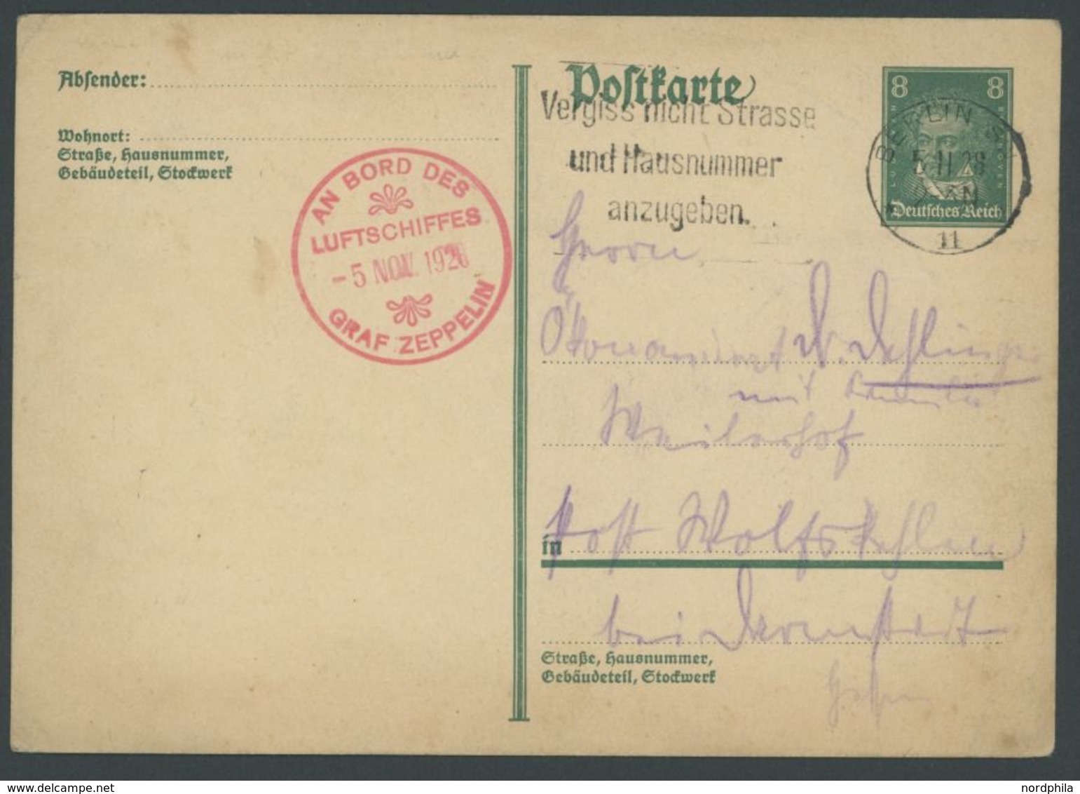 1928, Friedrichshafen-Berlin-Staaken, 8 Pf. Beethoven-Ansichtskarte Mit Maschinenstempel BERLIN 5.11.1928, Feinst -> Aut - Airmail & Zeppelin