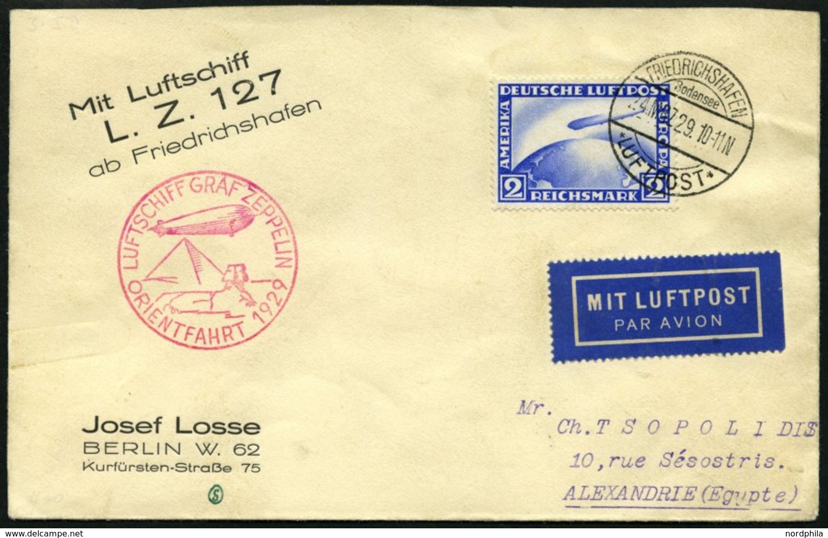 ZEPPELINPOST 23IA BRIEF, 1929, Orientfahrt, Auflieferung Fr`hafen, Frankiert Mit Einzelfrankatur 2 RM Auf Brief Nach Ale - Poste Aérienne & Zeppelin