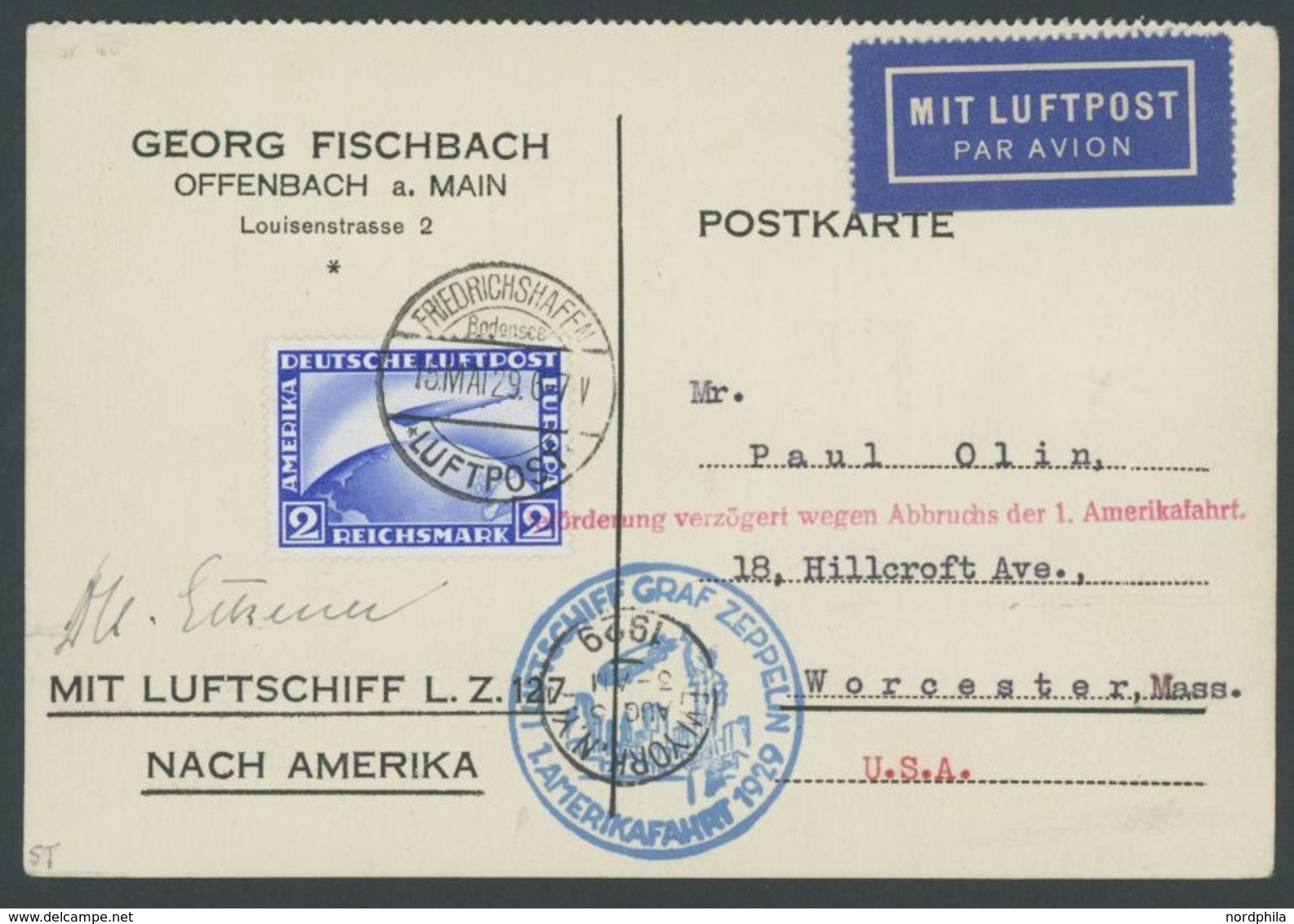 1929, Amerikafahrt, Auflieferung Friedrichshafen, Frankiert Mit 2 RM, Prachtkarte Mit Autogramm Dr. Eckener -> Automatic - Airmail & Zeppelin