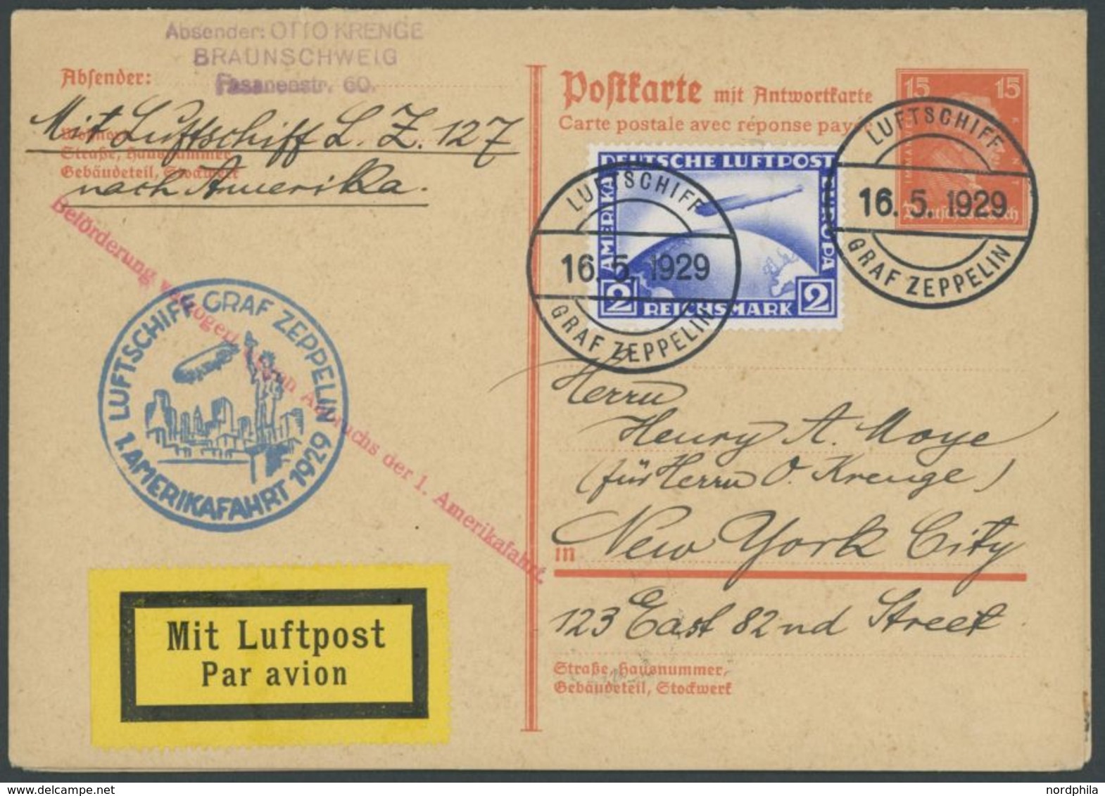 1929, Amerikafahrt, 15 Pf. Ganzsachenkarte (P 173) Als Bordpost Mit 2 RM, Verzögerungsstempel Auf Anhängender Karte Mit  - Luft- Und Zeppelinpost