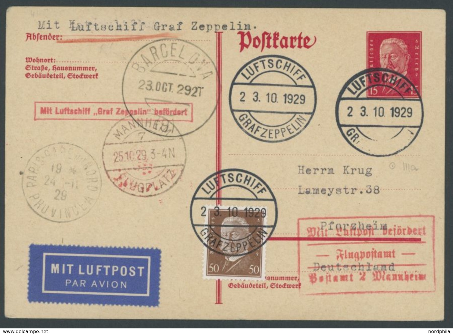 1929, Spanienfahrt, Bordpost, Mit Transitstempel PARIS Und MANNHEIM, Prachtkarte -> Automatically Generated Translation: - Airmail & Zeppelin