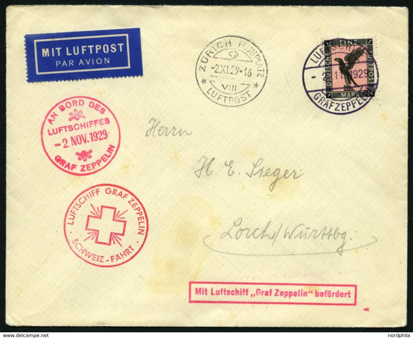 ZEPPELINPOST 45B BRIEF, 1929, Fahrt Nach Zürich-Dübendorf, Bordpost, Roter Bestätigungsstempel Luftschiff Graf Zeppelin  - Airmail & Zeppelin