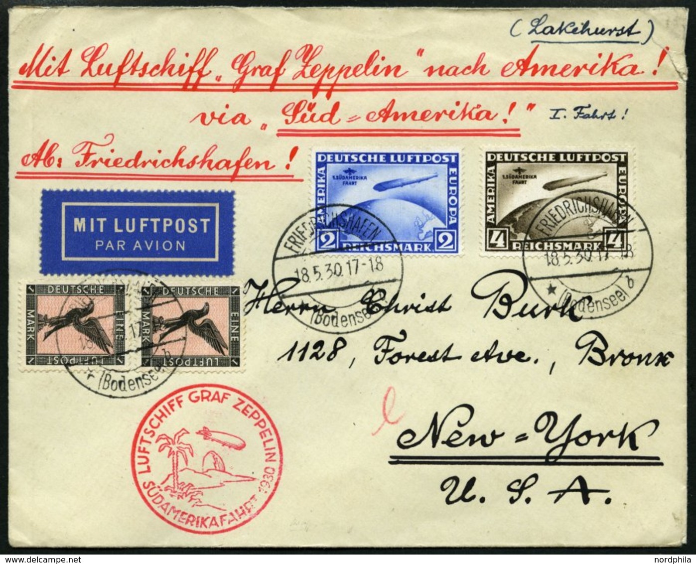 ZEPPELINPOST 57N BRIEF, 1930, Südamerikafahrt, Tagesstempel, Fr`hafen-Lakehurst, Prachtbrief - Airmail & Zeppelin