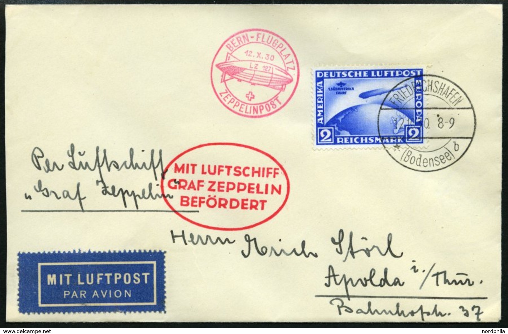 ZEPPELINPOST 93Aa BRIEF, 1930, Landungsfahrt Nach Bern, Auflieferung Fr`hafen, Frankiert Mit 2 RM Südamerikafahrt, Prach - Airmail & Zeppelin