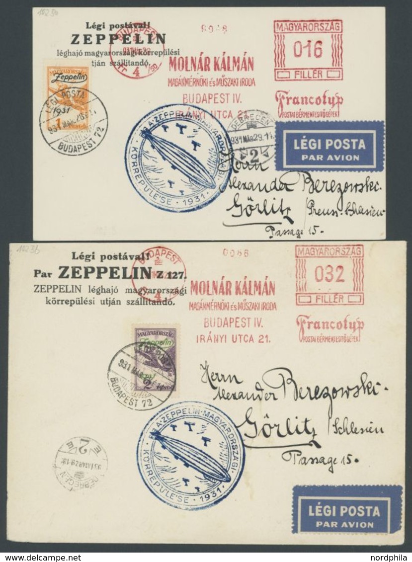 1931, Ungarnfahrt, Ungarische Post, Abwurf Debreccen, 2 Private Zeppelin-Sonderbelege (Karte Frankiert Mit 1 P., Brief M - Airmail & Zeppelin