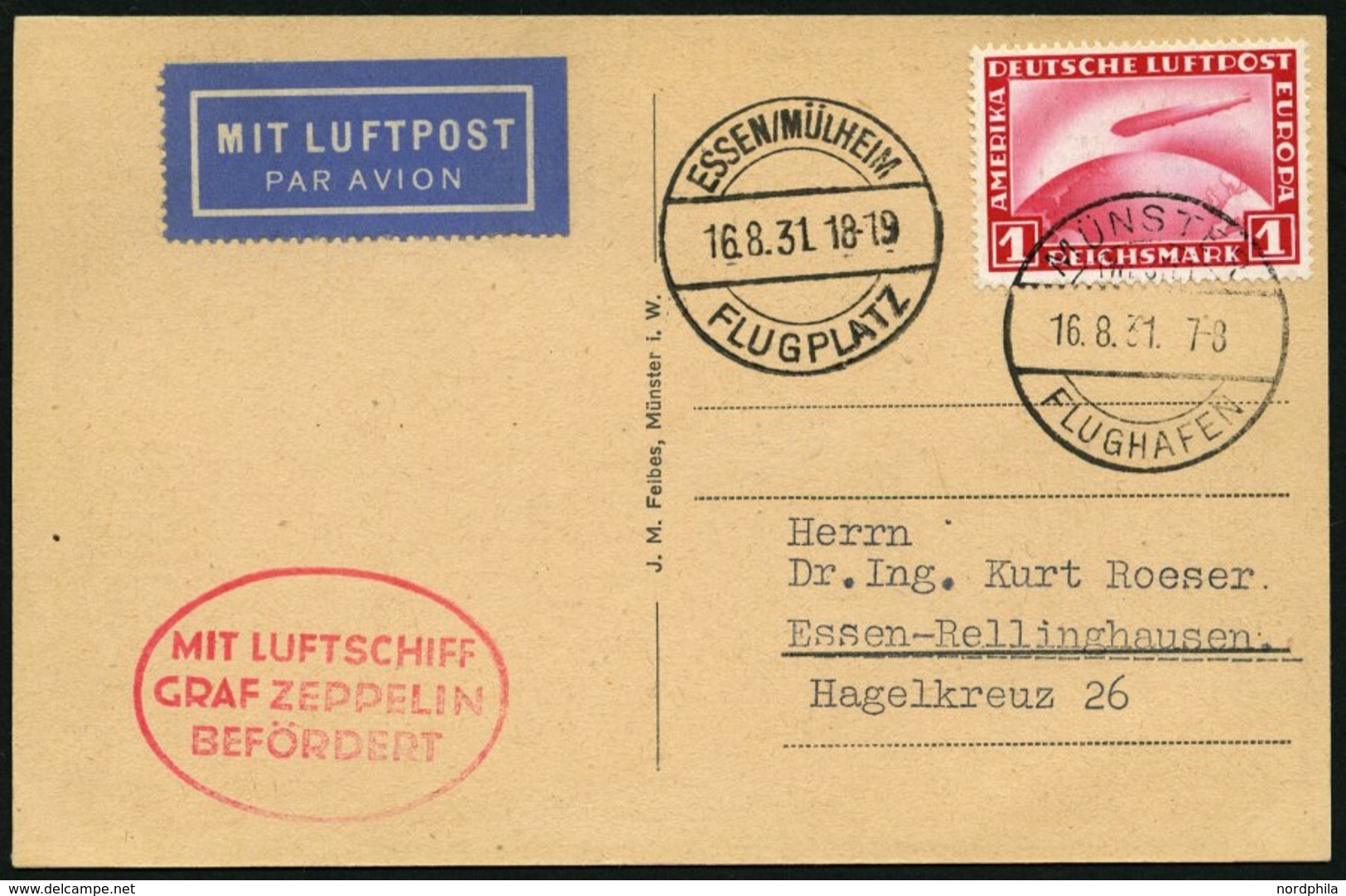 ZEPPELINPOST 121E BRIEF, 1913, Fahrt Münster-Essen, Prachtkarte - Airmail & Zeppelin