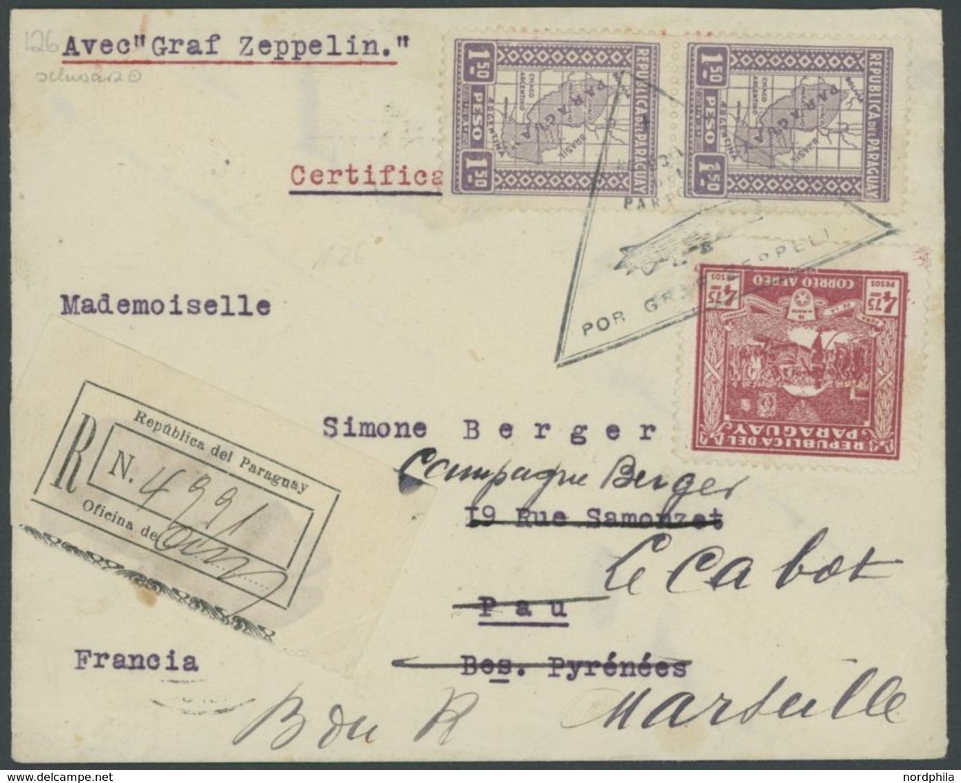 1931, 1931, 1. Südamerikafahrt, Paraguayische Post, Mit Zepplinmarken, Vorder- Und Rückseitig Frankiert, Einschreibbrief - Poste Aérienne & Zeppelin