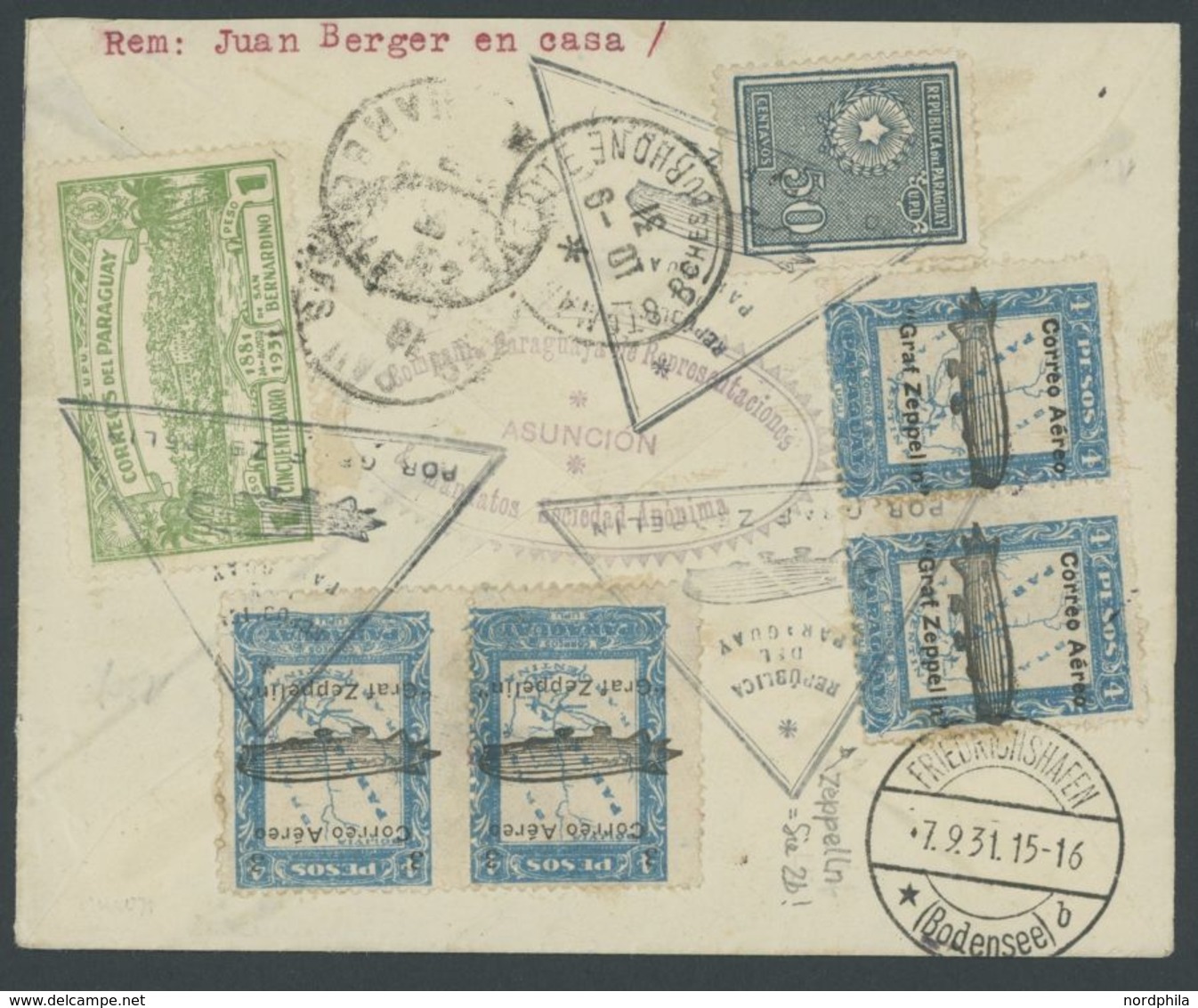 1931, 1931, 1. Südamerikafahrt, Paraguayische Post, Mit Zepplinmarken, Vorder- Und Rückseitig Frankiert, Einschreibbrief - Airmail & Zeppelin