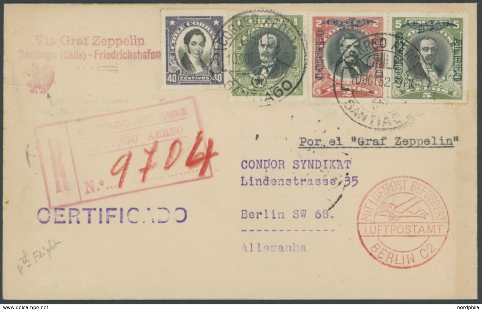 1932, 8. Südamerikafahrt Mit Unbekanntem Chilenischen Sonderbestätigungsstempel, Einschreiben, Prachtbrief -> Automatica - Airmail & Zeppelin