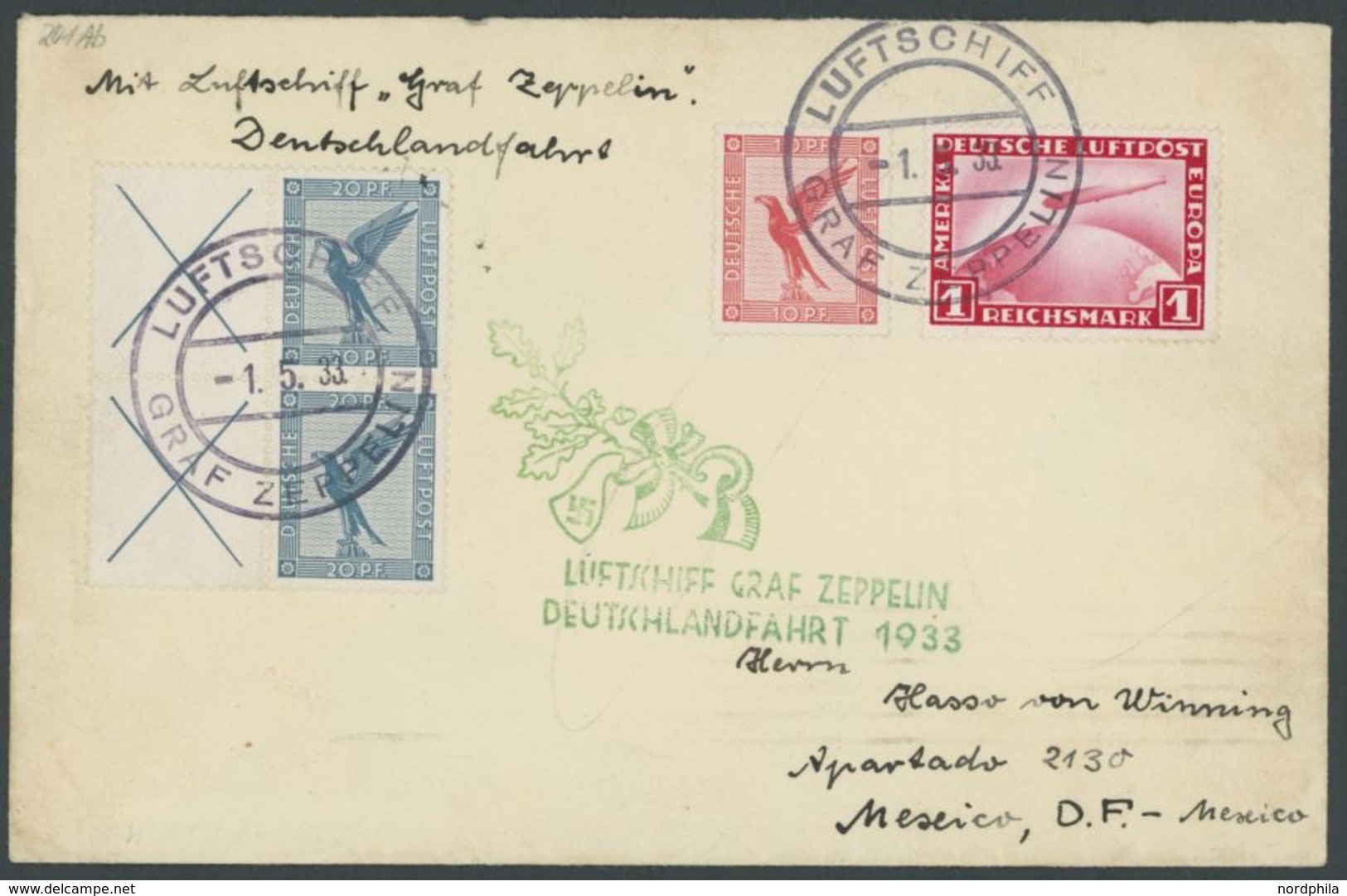 1933, Deutschlandfahrt, Bordpost, Frankiert U.a. Mit Zusammendruck Mi.Nr. 21.1 Im Paar, Prachtbrief Nach Mexiko -> Autom - Airmail & Zeppelin