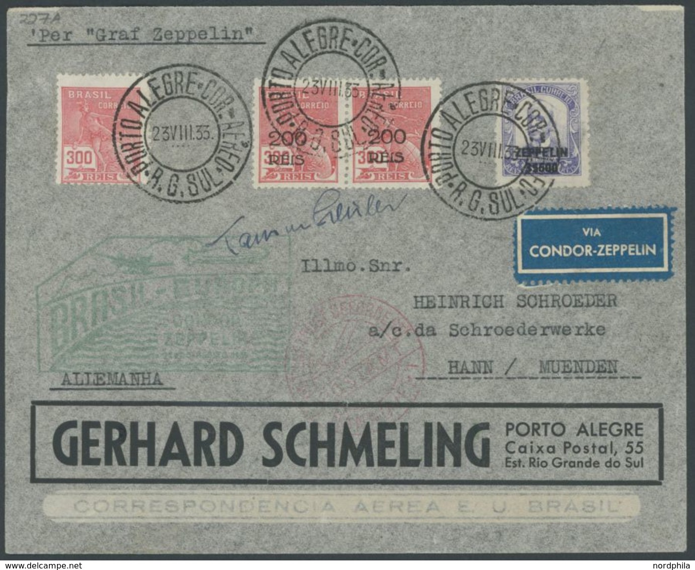 1933, 5. Südamerikafahrt, Mit Autogramm Von Hans Von Schiller, Prachtbrief -> Automatically Generated Translation: 1933, - Poste Aérienne & Zeppelin