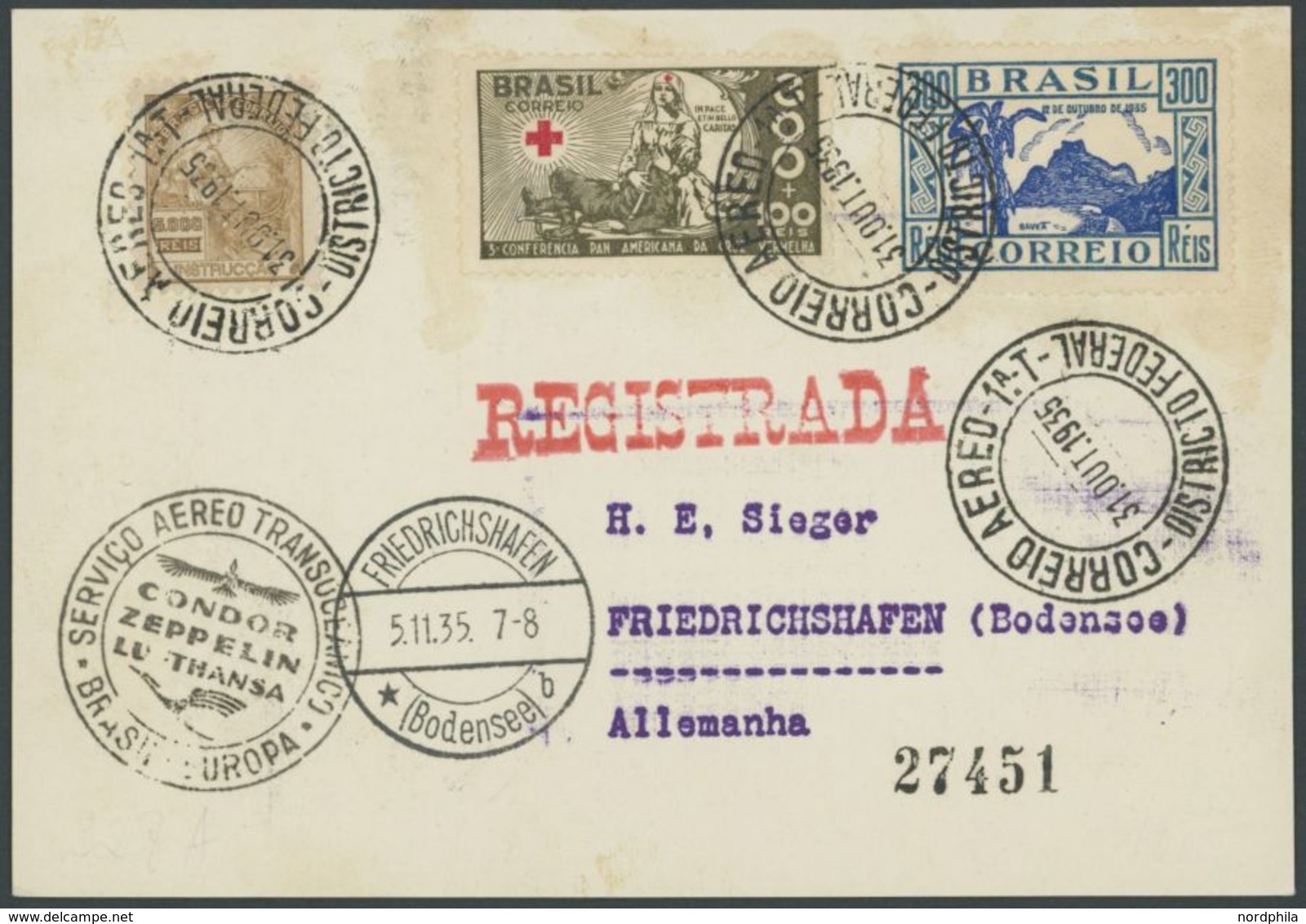 1935, 15. Südamerikafahrt, Brasilianische Post, Rückfahrtkarte, Pracht -> Automatically Generated Translation: 1935, "15 - Airmail & Zeppelin