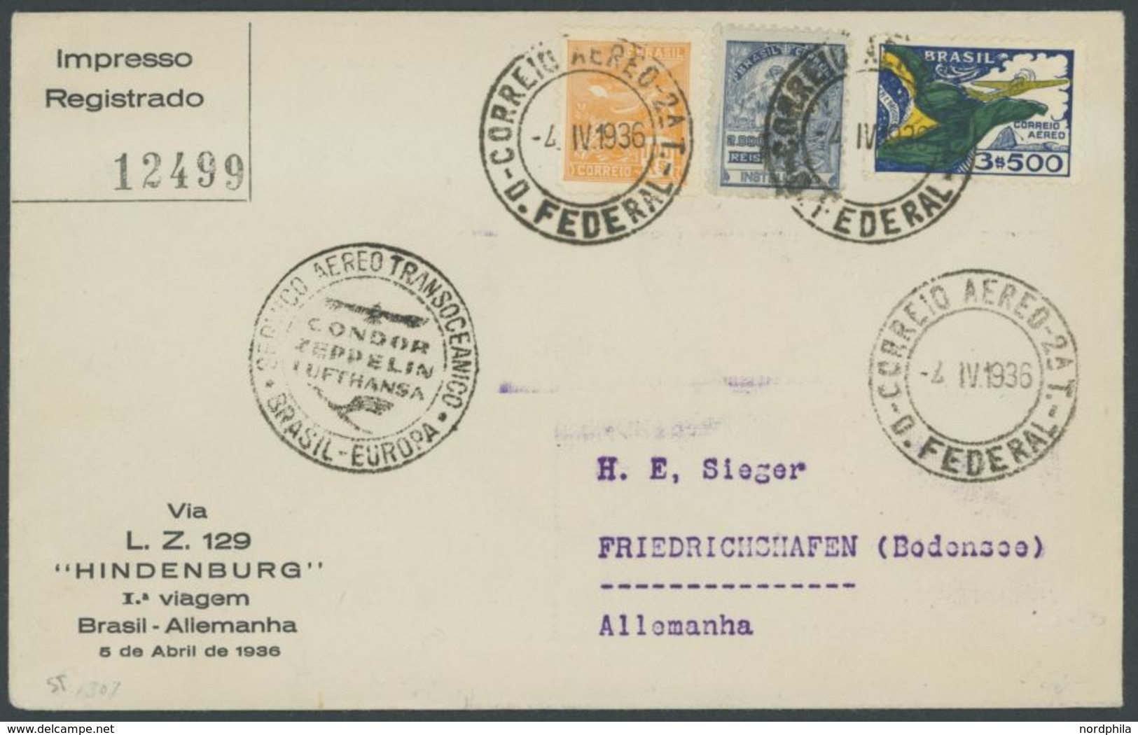 1936, 1. Südamerikafahrt, Brasilianische Post, Einschreib-Drucksache, Erstfahrt, Prachtbrief -> Automatically Generated  - Airmail & Zeppelin