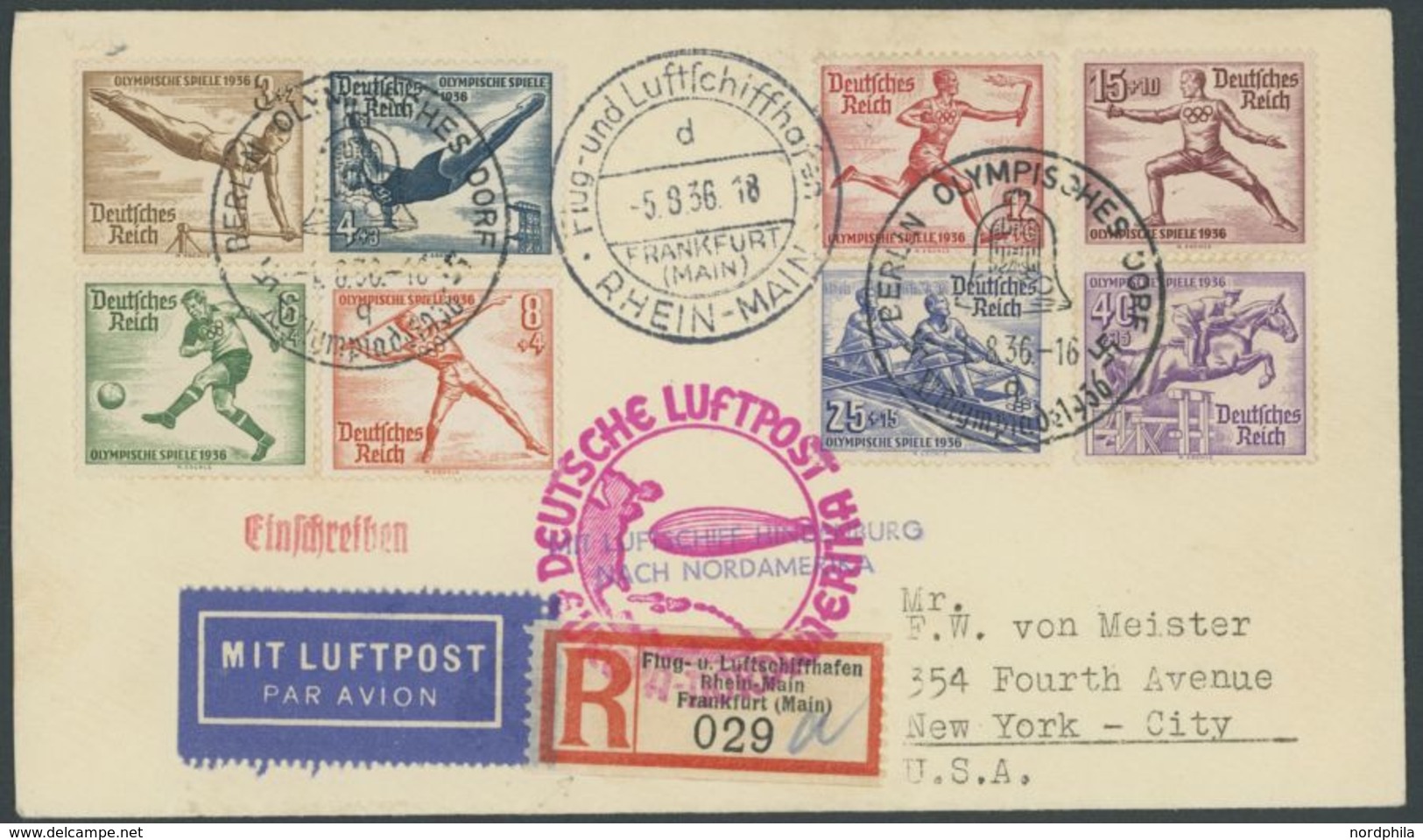 1936, 6. Nordamerikafahrt, Aufgabe Und Zuleitung Von Den Olympischen Spielen Zur 6. Nordamerikafahrt, Einschreibbrief, P - Airmail & Zeppelin