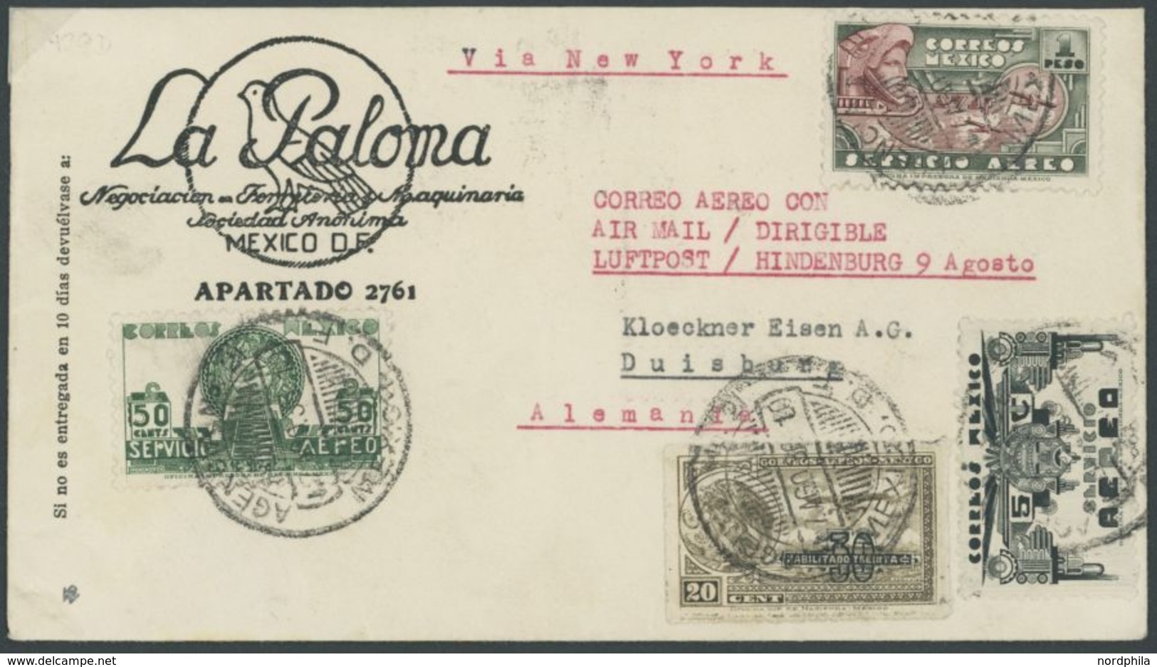 1936, 6. Nordamerikafahrt, Mexikanische Post, Firmen-Bedarfsbrief Nach Duisburg, Feinst -> Automatically Generated Trans - Airmail & Zeppelin