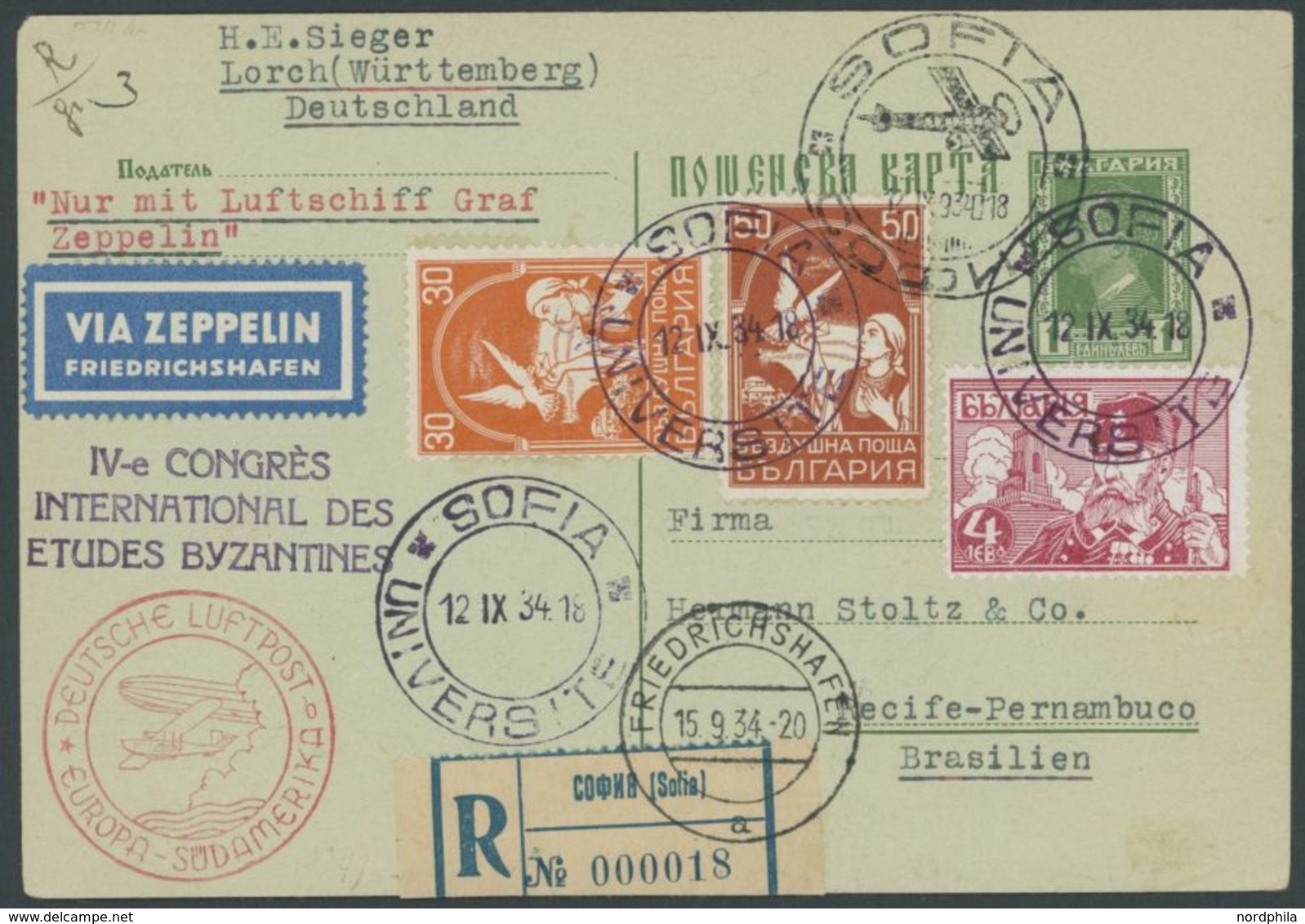 Bulgarien: 1934, 9. Südamerikafahrt, Einschreibkarte, Pracht -> Automatically Generated Translation: Bulgaria: 1934, "9. - Luft- Und Zeppelinpost