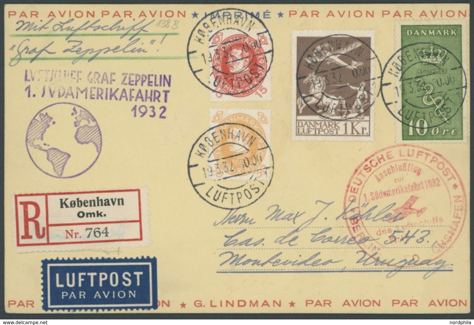 Dänemark: 1932, 1. Südamerikafahrt, Anschlußflug Ab Berlin, Einschreibkarte, Pracht -> Automatically Generated Translati - Poste Aérienne & Zeppelin