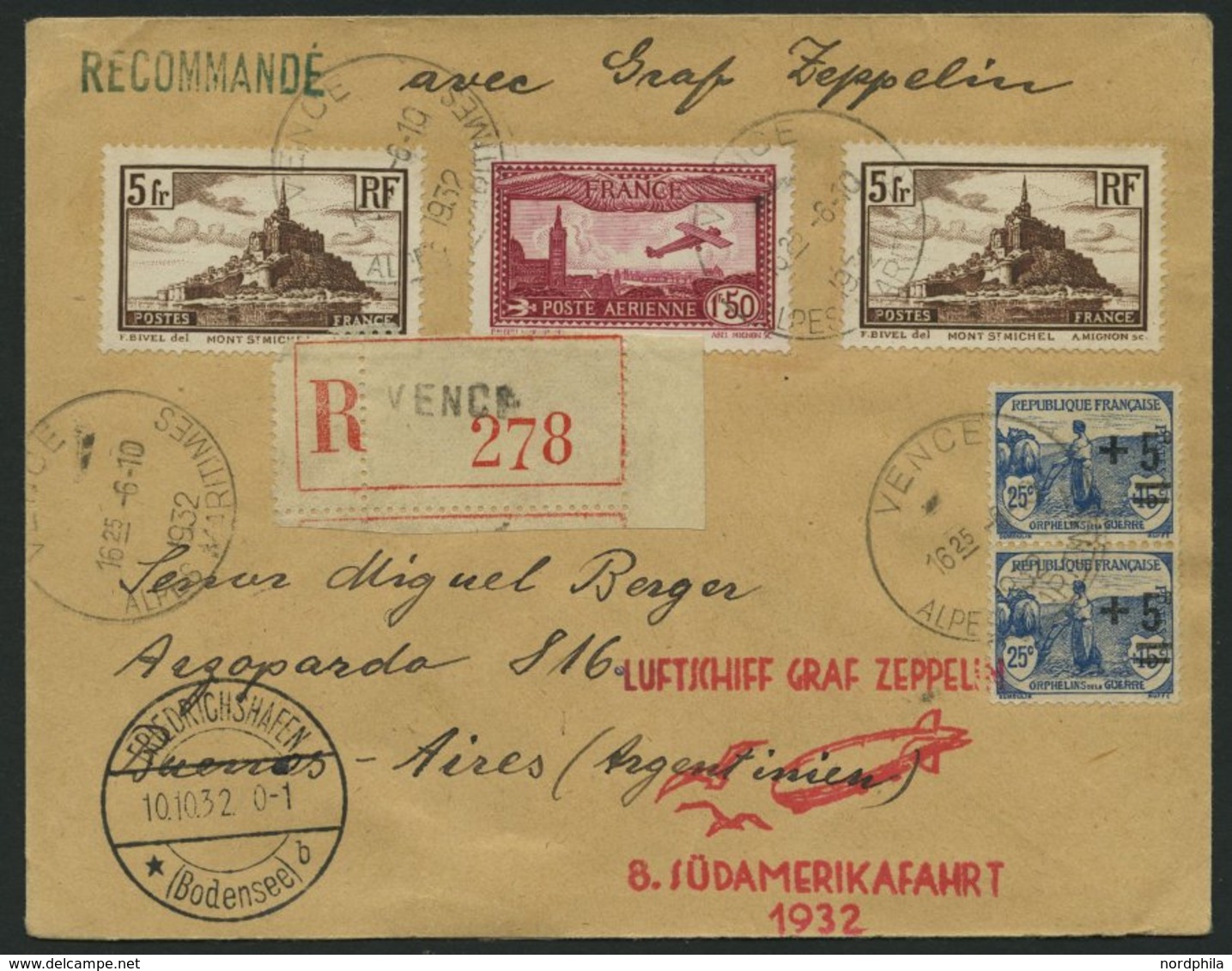 ZULEITUNGSPOST 189 BRIEF, Frankreich: 1932, 8. Südamerikafahrt, Einschreibbrief, Pracht - Airmail & Zeppelin