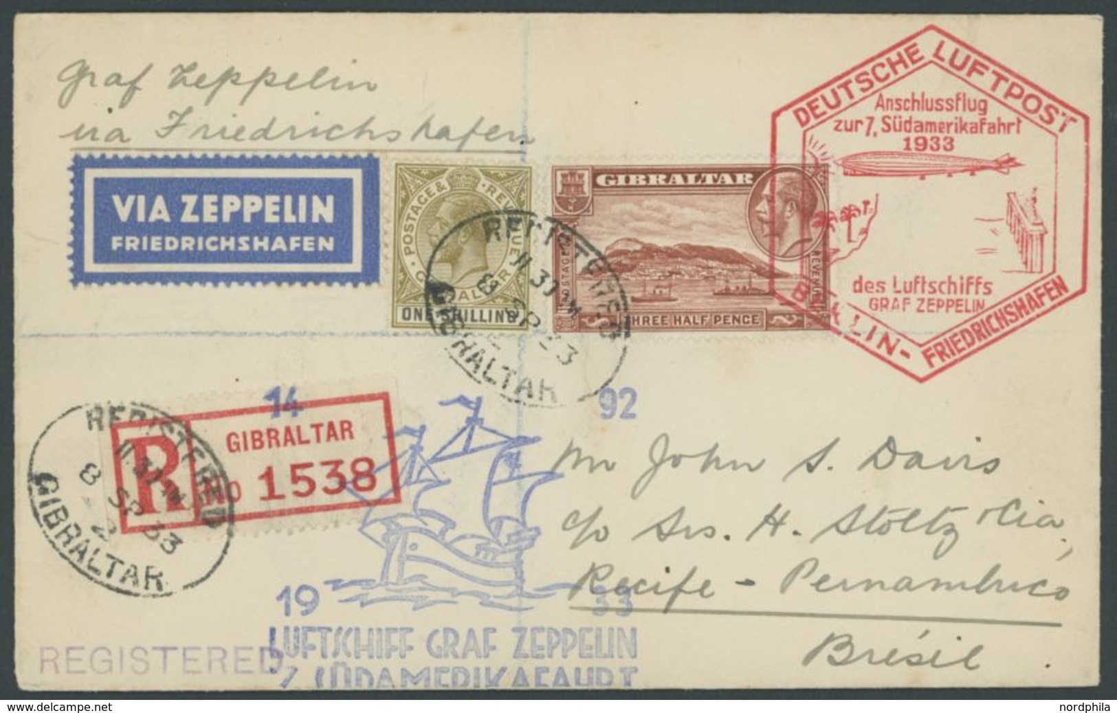 Gibraltar: 1933, 7. Südamerikafahrt, Anschlußflug Ab Berlin, Einschreibbrief, Pracht, Bei Sieger Unbekannt! -> Automatic - Airmail & Zeppelin