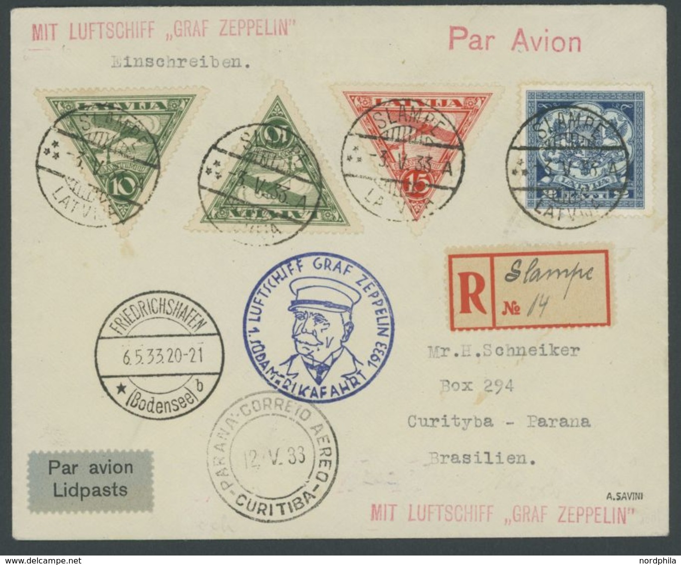 Lettland: 1933, 1. Südamerikafahrt, Einschreibbrief, Pracht, Signiert Savini -> Automatically Generated Translation: Lat - Airmail & Zeppelin