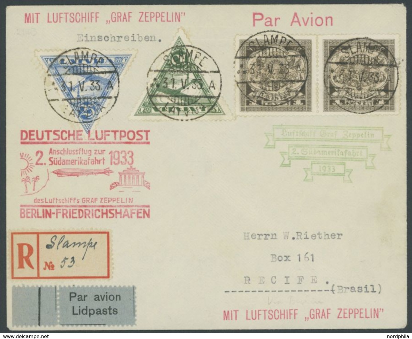 Lettland: 1933, 2. Südamerikafahrt, Anschlussflug Ab Berlin, Einschreibbrief, Pracht, Mehrfach Signiert, Sieger Unbekann - Luft- Und Zeppelinpost